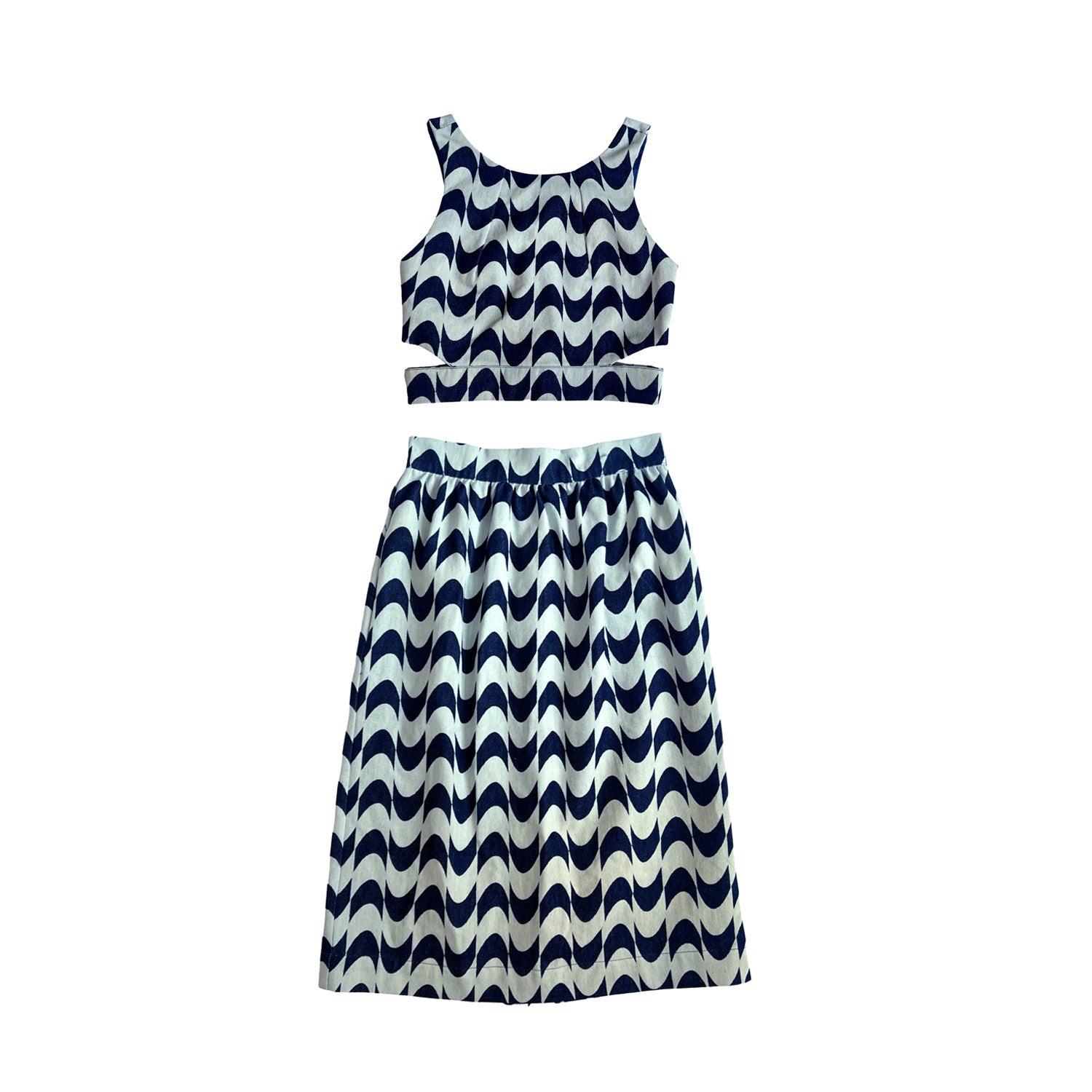 Printed Denim Crop Top with Cut Outs in Blue