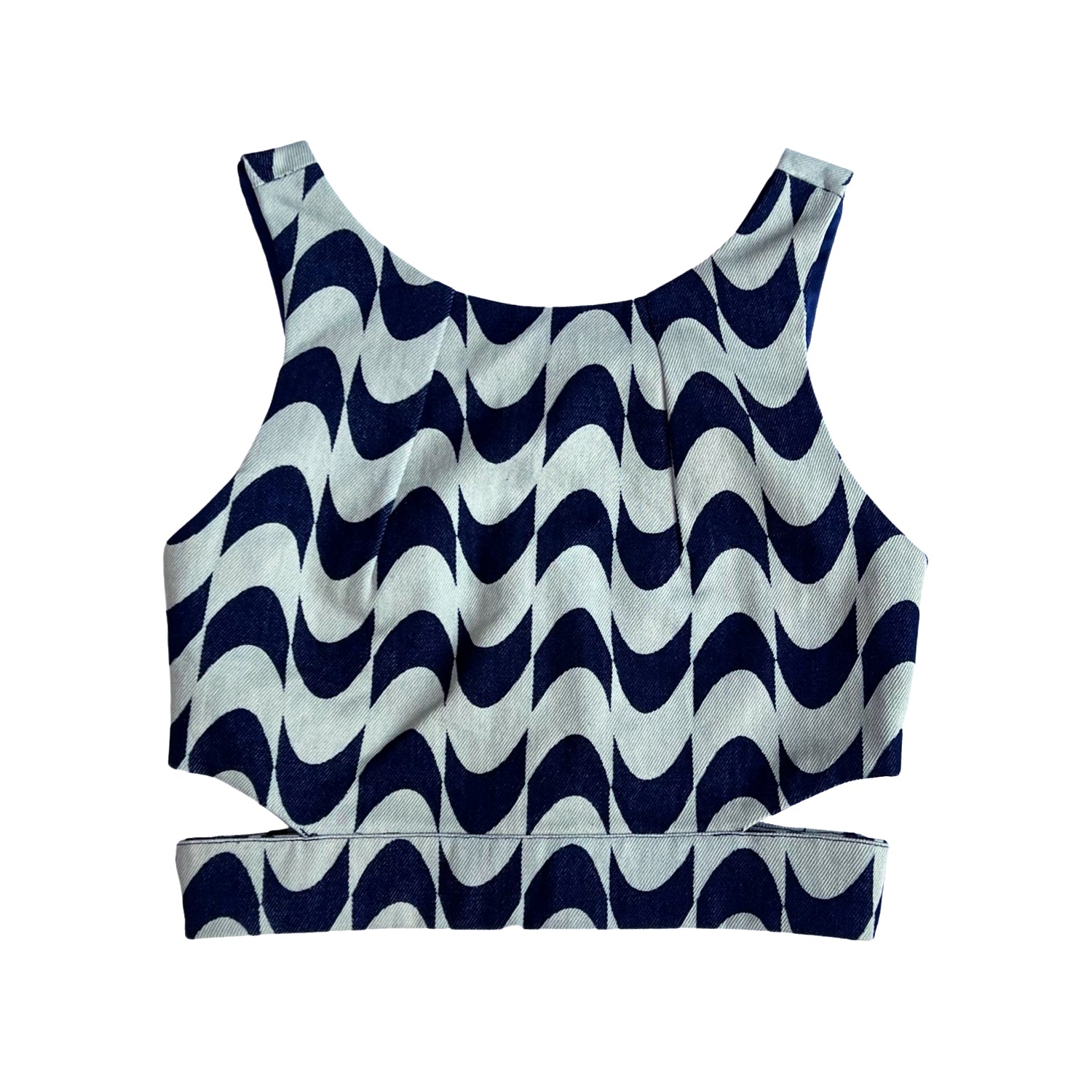 Printed Denim Crop Top with Cut Outs in Blue
