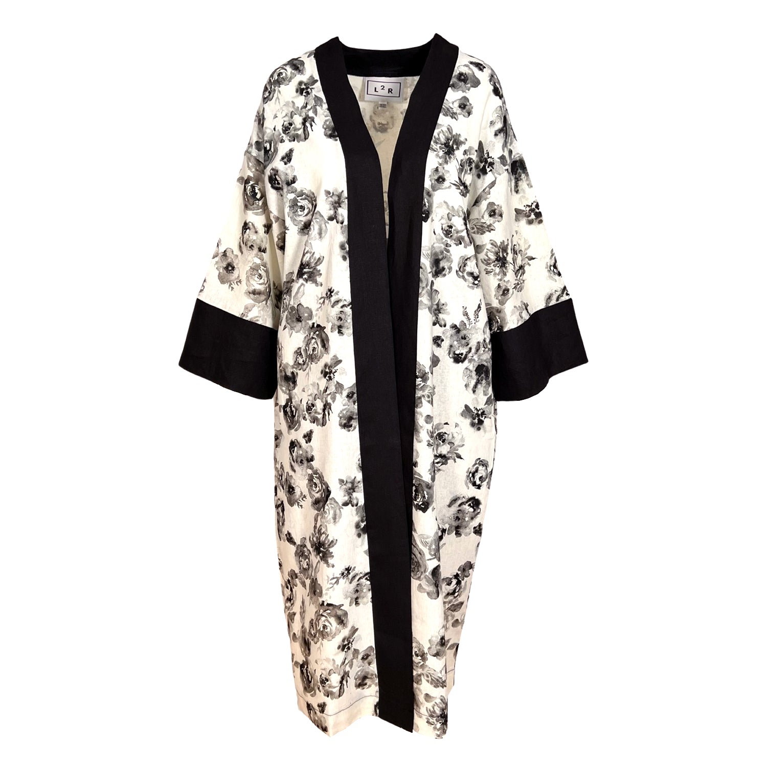 Kaftan Kimono - Black & White Rose Print