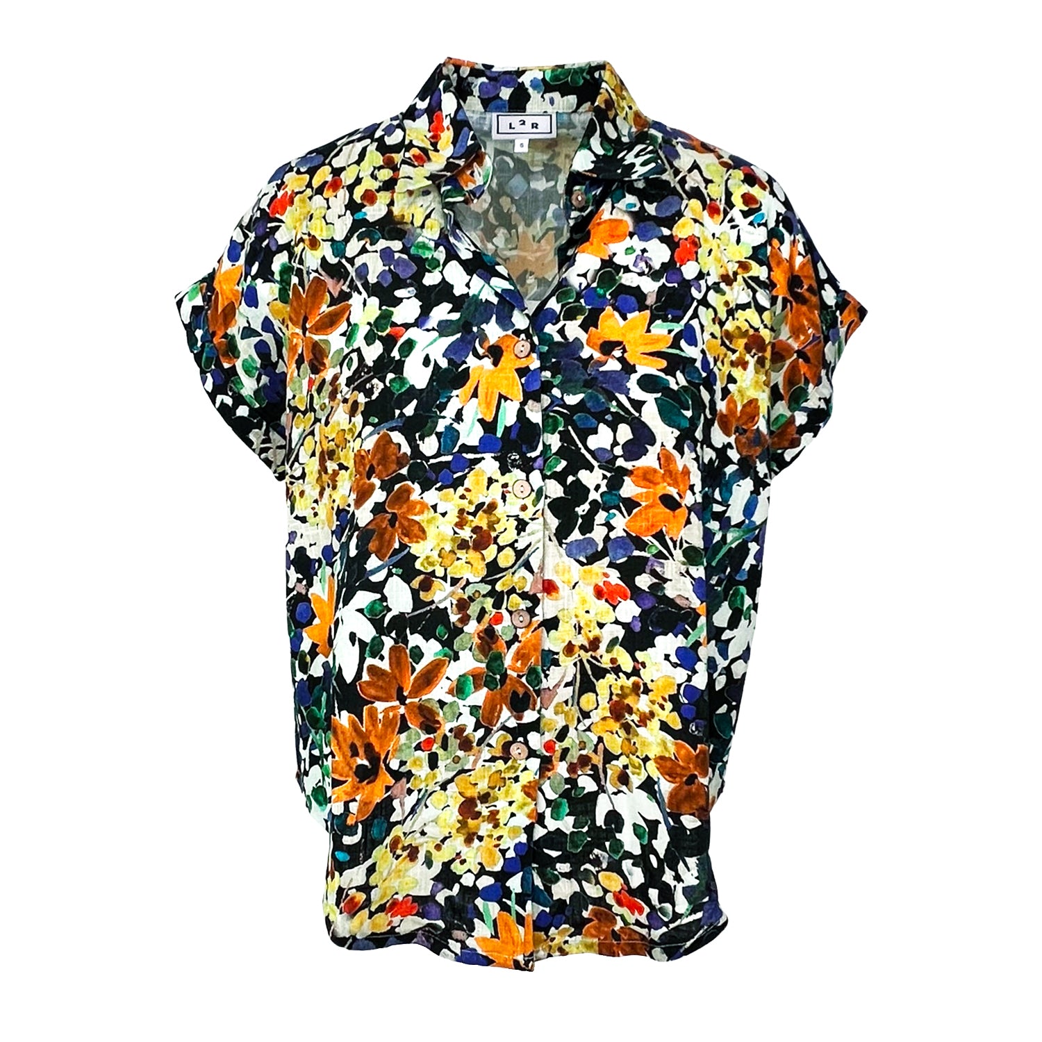 Short-Sleeved Linen Shirt - Floral Black Print