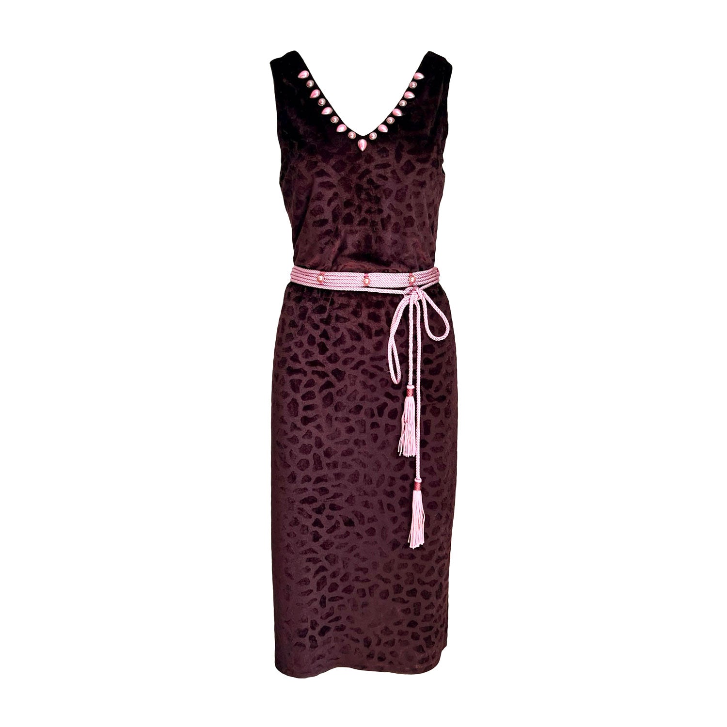 Animal-Print Dress with Slit in Brown Velvet And Pink Silk Belt S