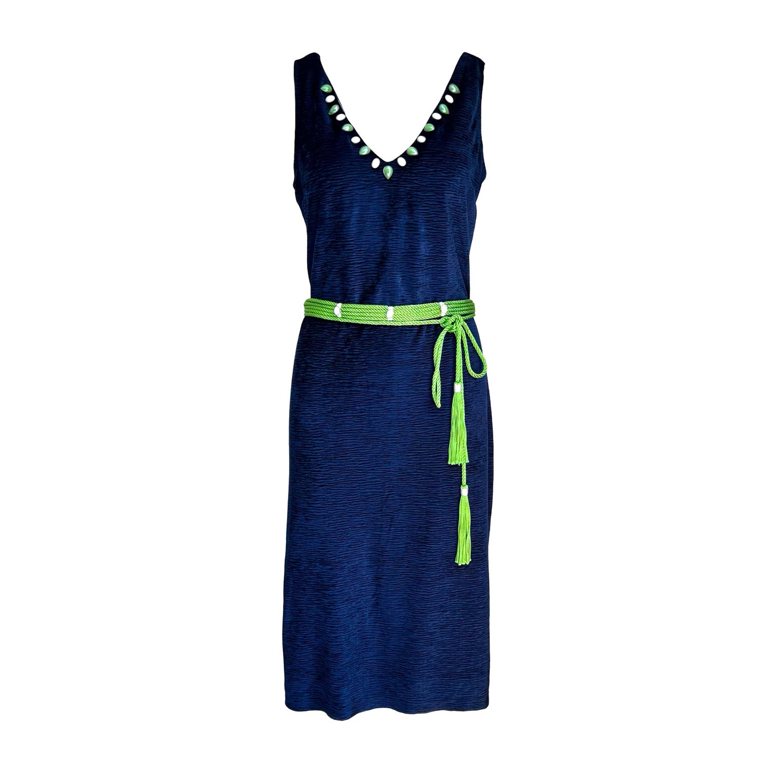 slim fit dress slacks Dress with Slit in Blue Velvet and Green Silk Belt M