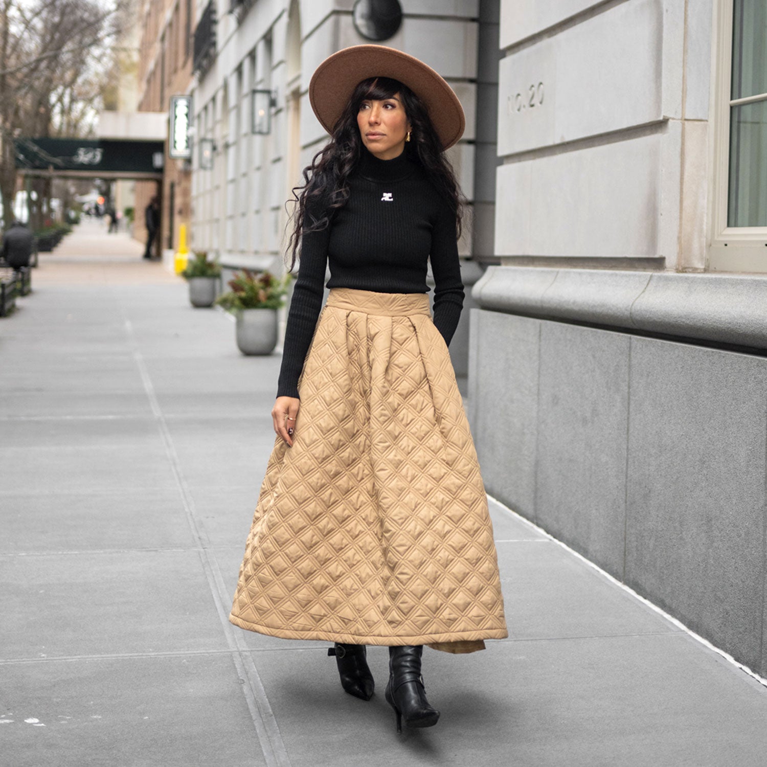 Quilted Puffer Midi Skirt in Beige