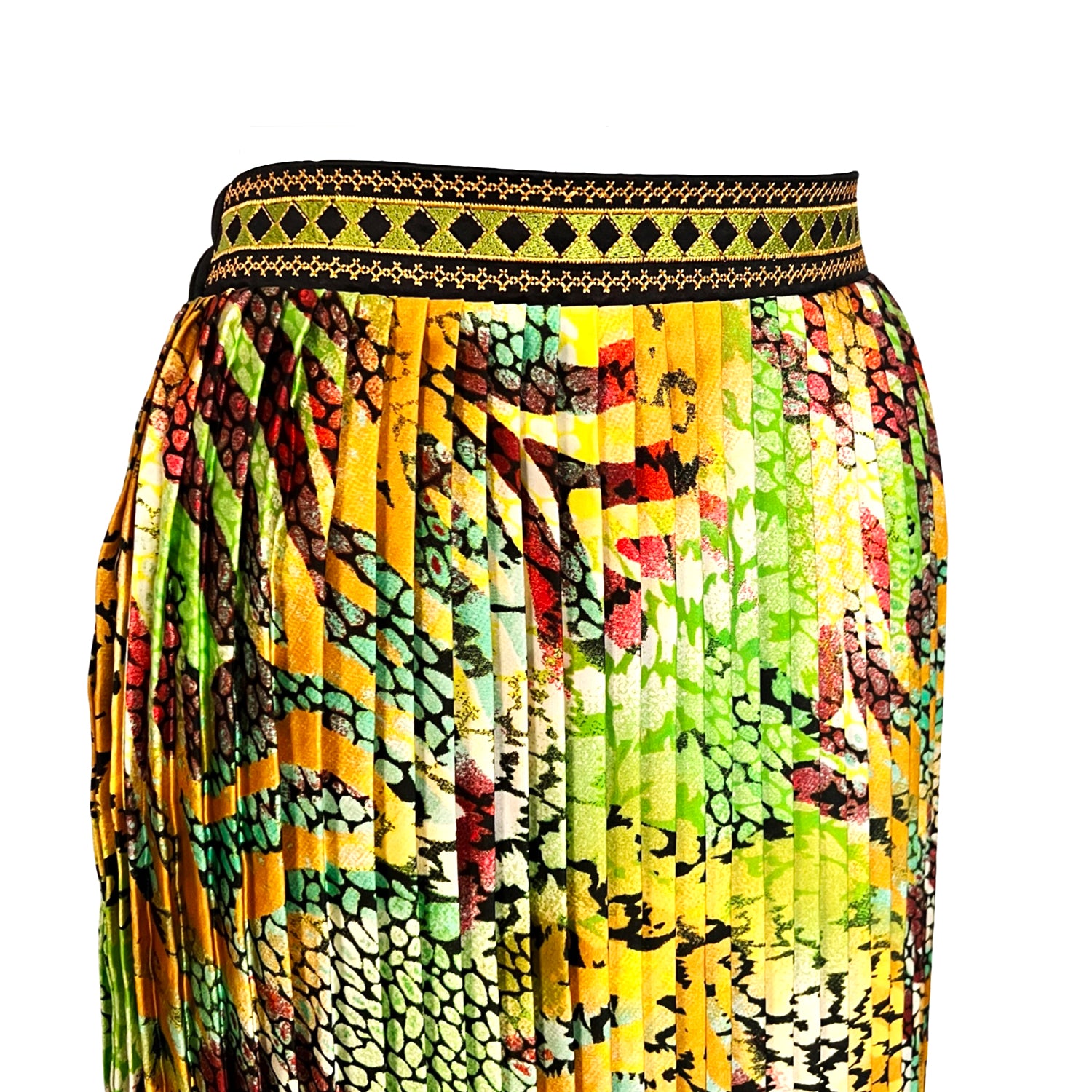 Embroidered Pleated Midi Skirt in Yellow Animal Print