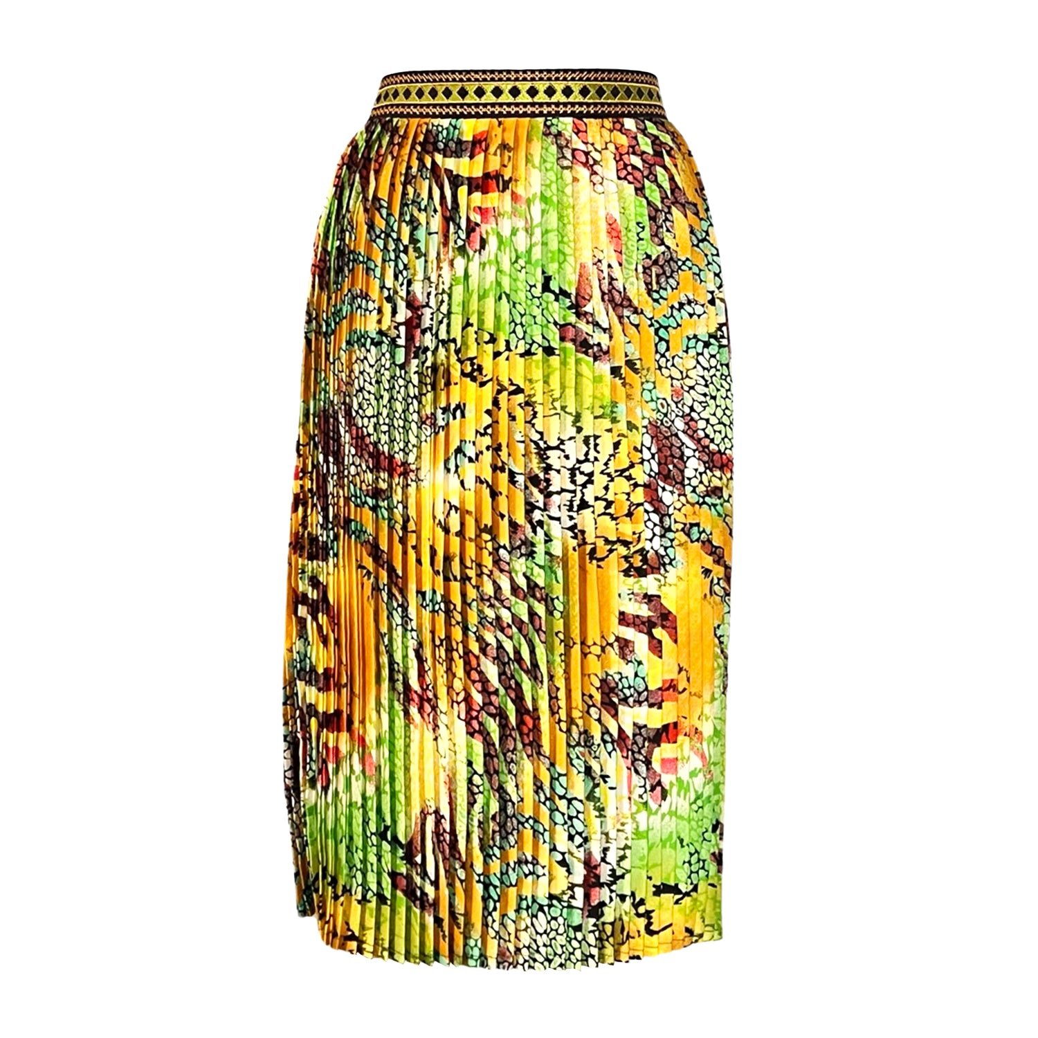 Embroidered Pleated Midi Skirt in Yellow Animal Print