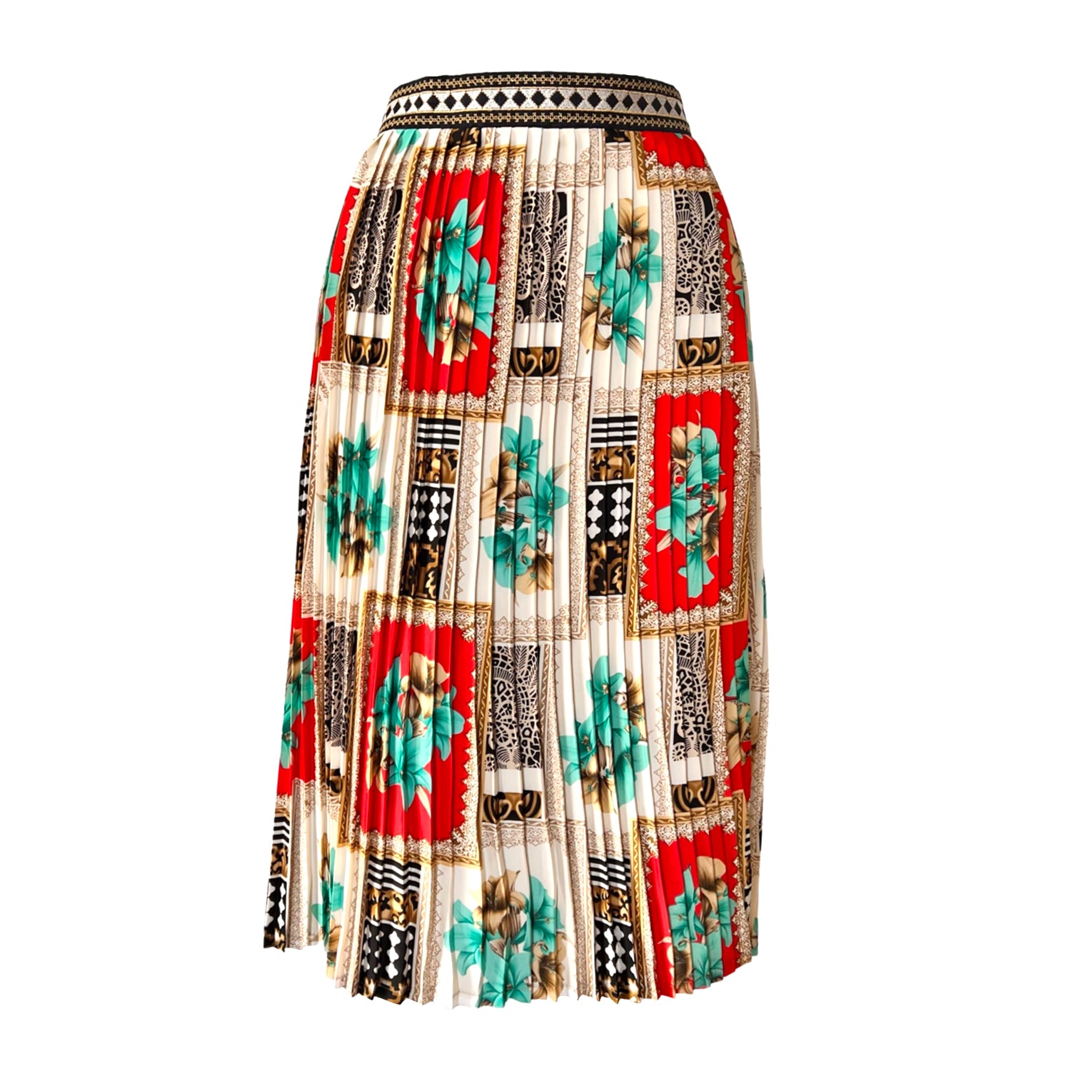 Embroidered Pleated Scarf Midi Skirt in Beige & Red
