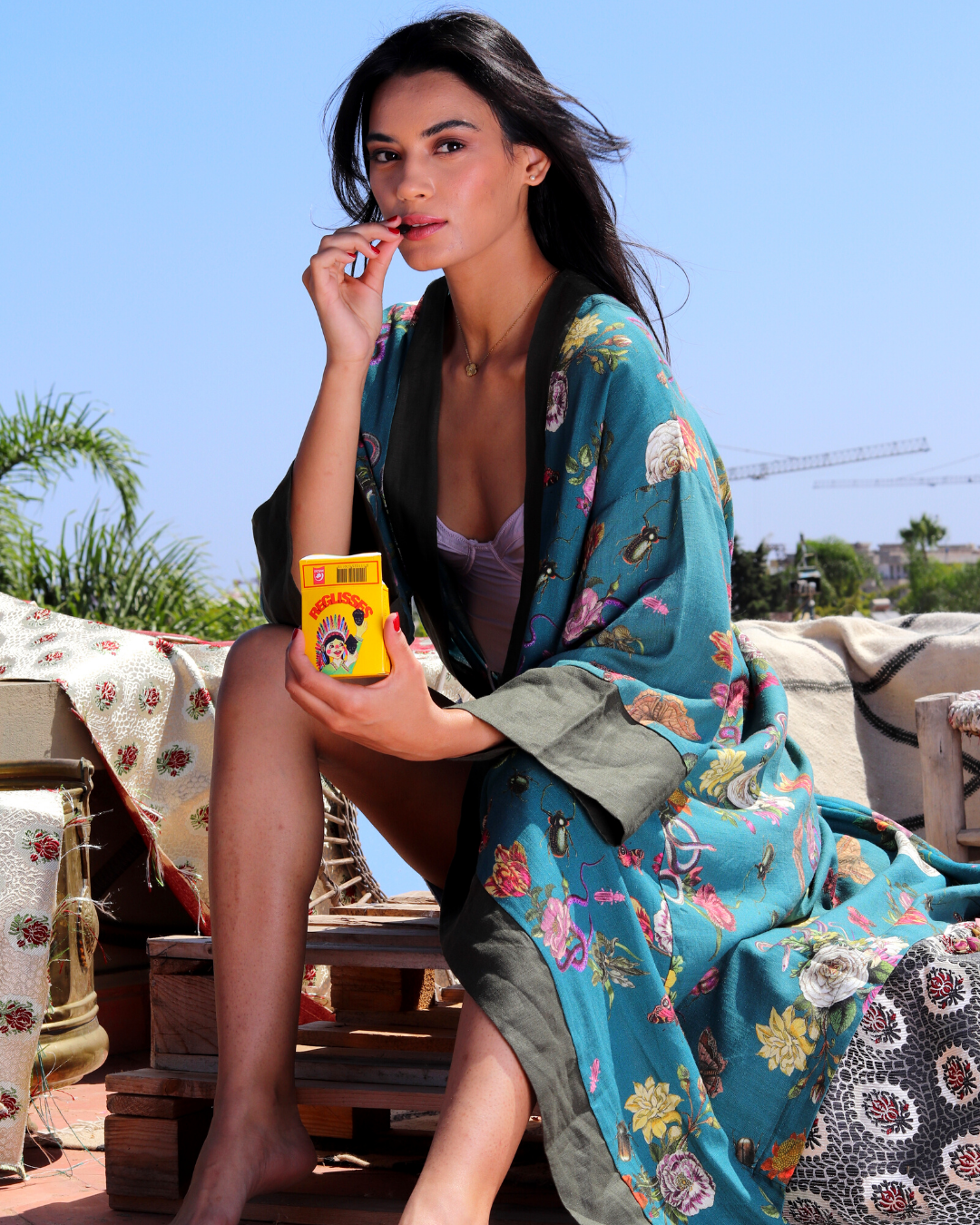 Kaftan Kimono - Mari Teal Surrealist Print