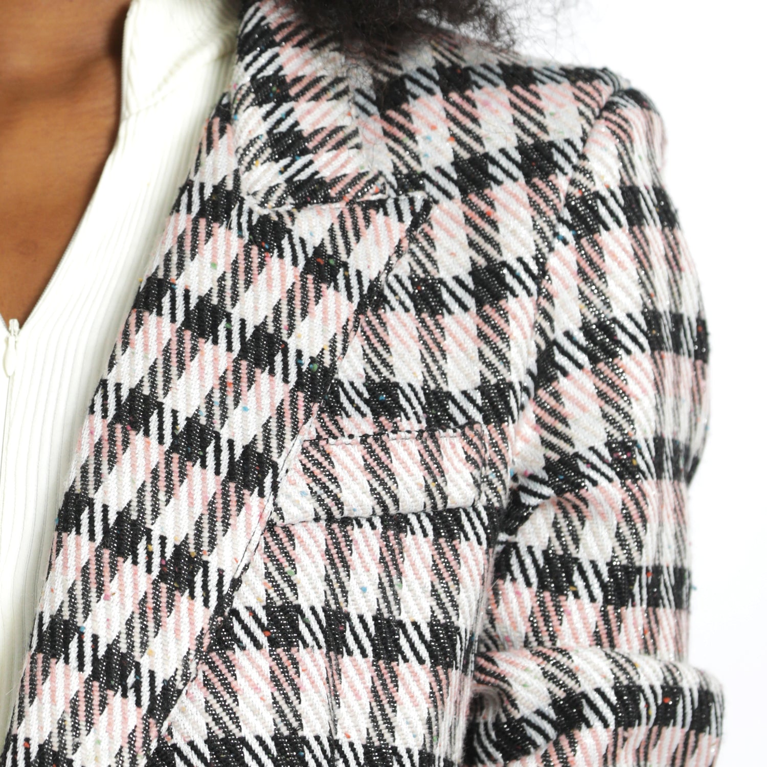 Pink & Black Embellished Plaid Cropped Blazer