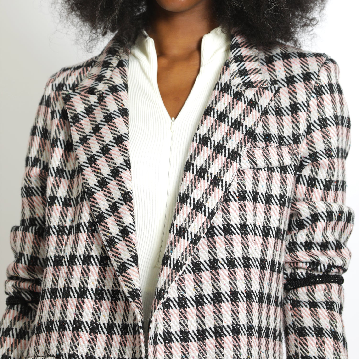 Pink & Black Embellished Plaid Cropped Blazer