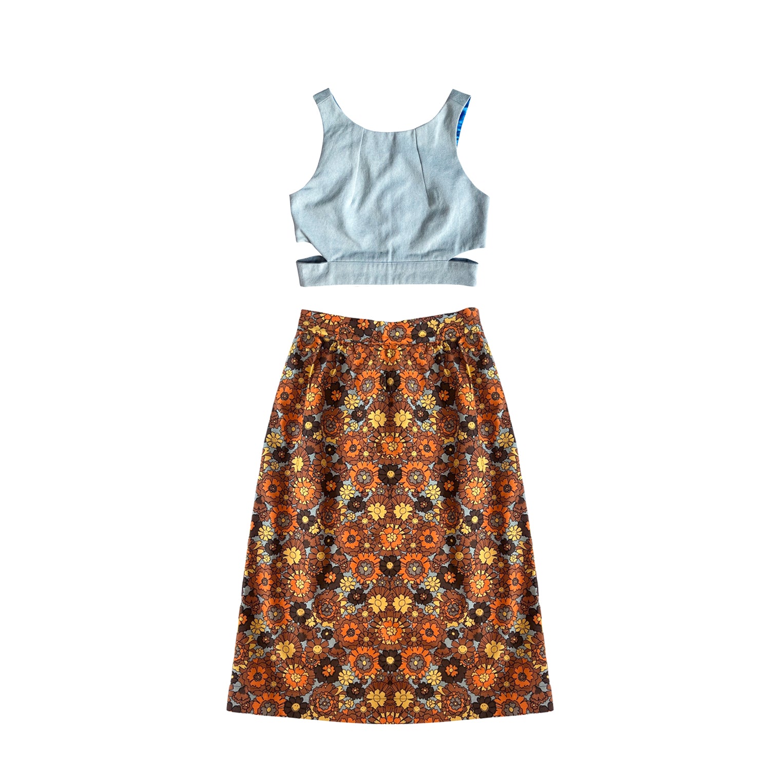 Denim Crop Top & Skirt Set in Blue & Brown