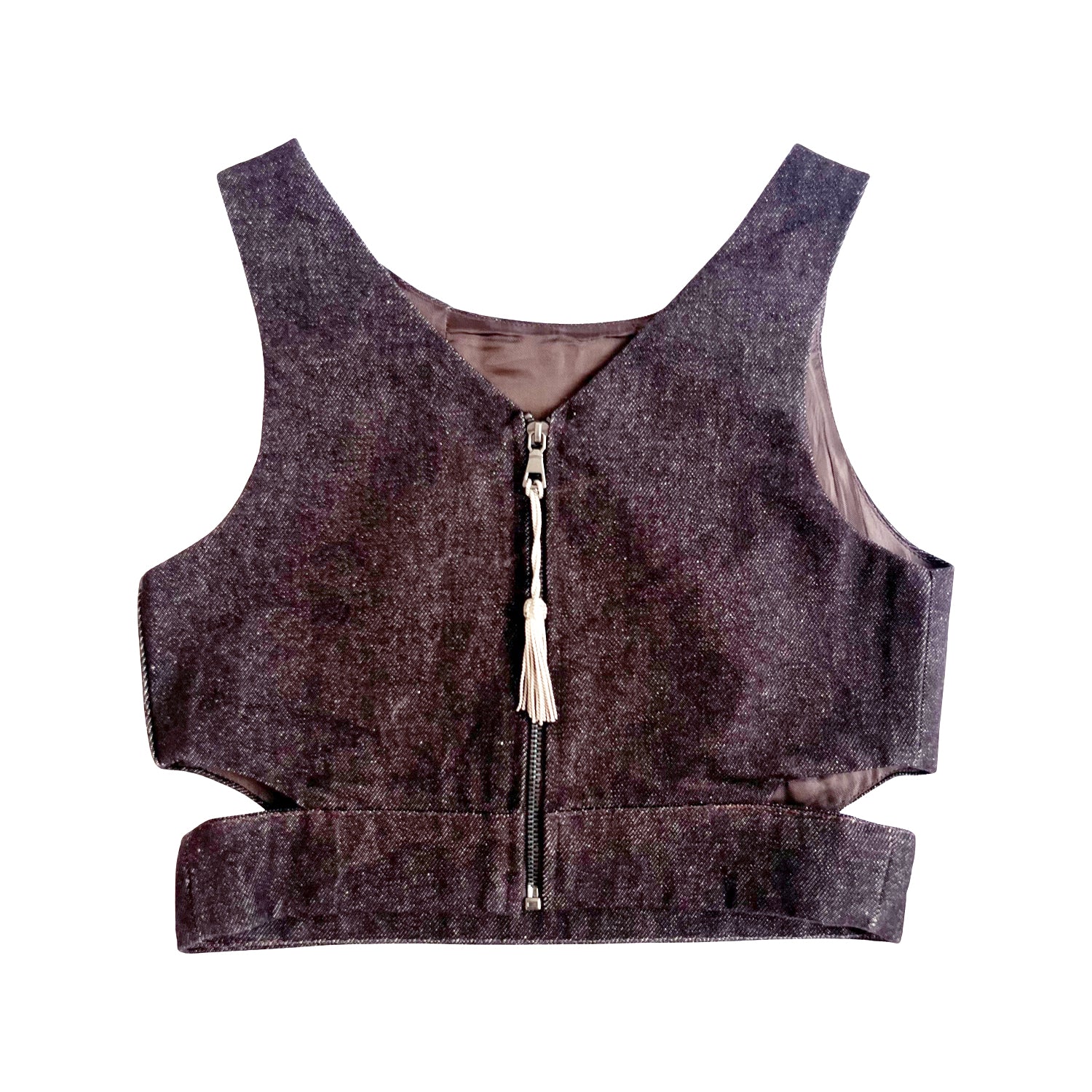 Denim Crop Top with Cut Outs in Brown