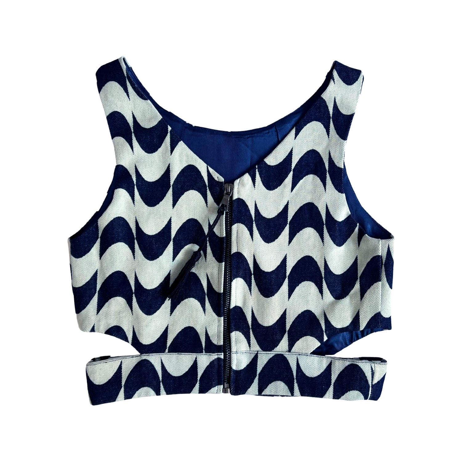 Printed Denim Crop Top with Cut Outs in Blue