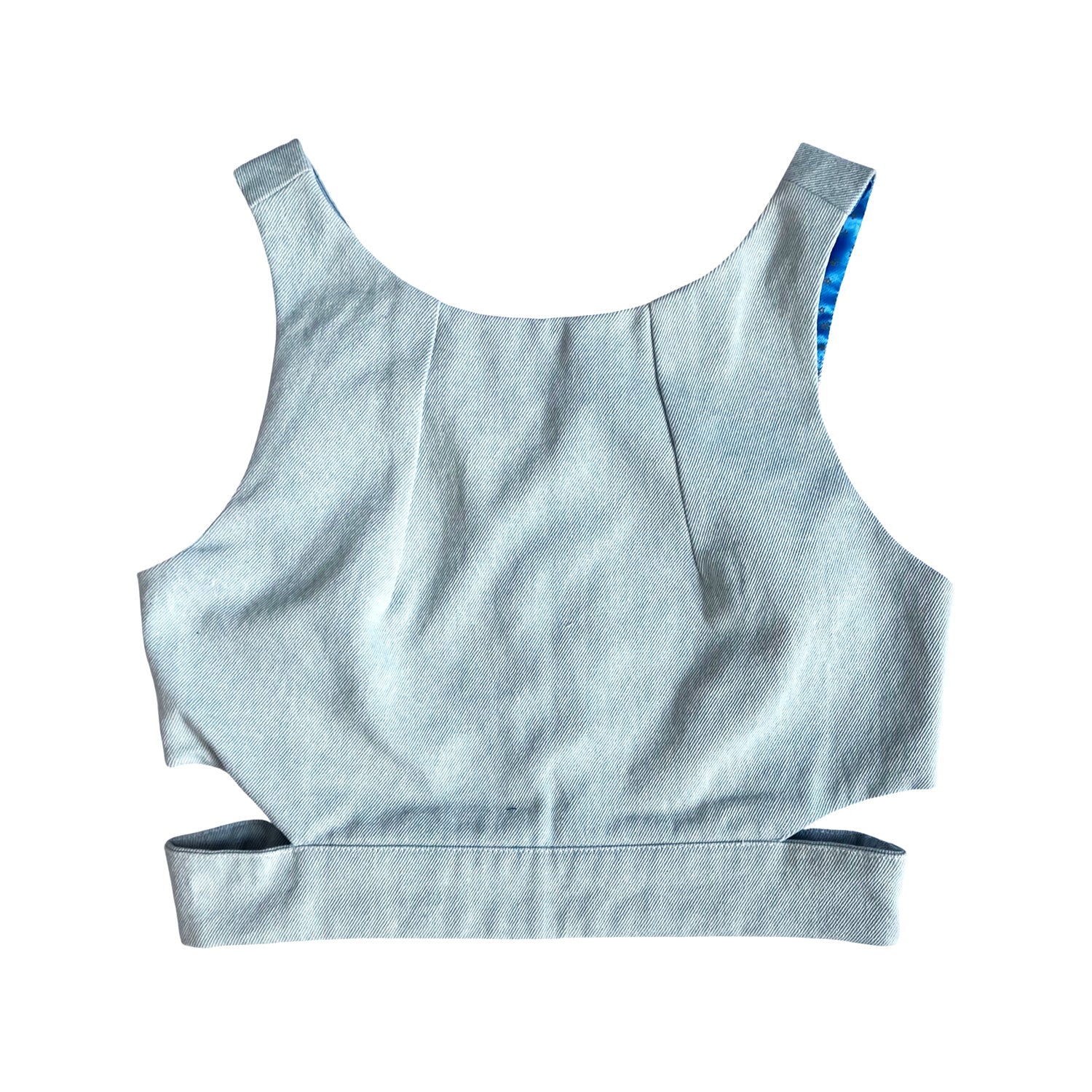 Denim Crop Top with Cut Outs in Washed Blue