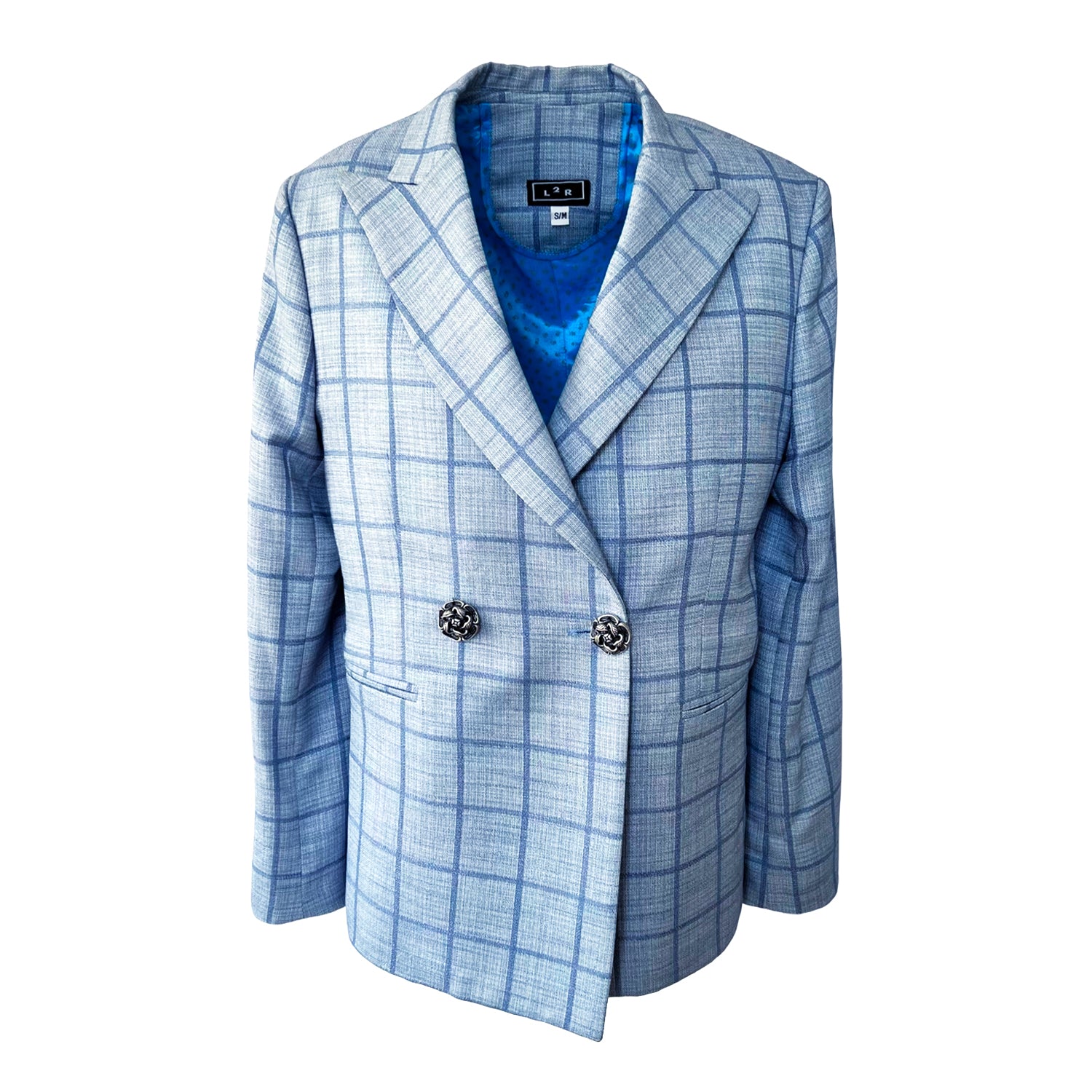 Double-Breasted Blazer in Light Blue Plaid