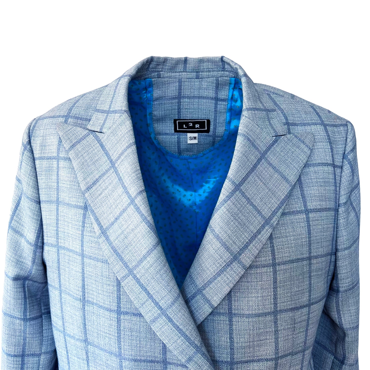Double-Breasted Blazer in Light Blue Plaid Linen Blend