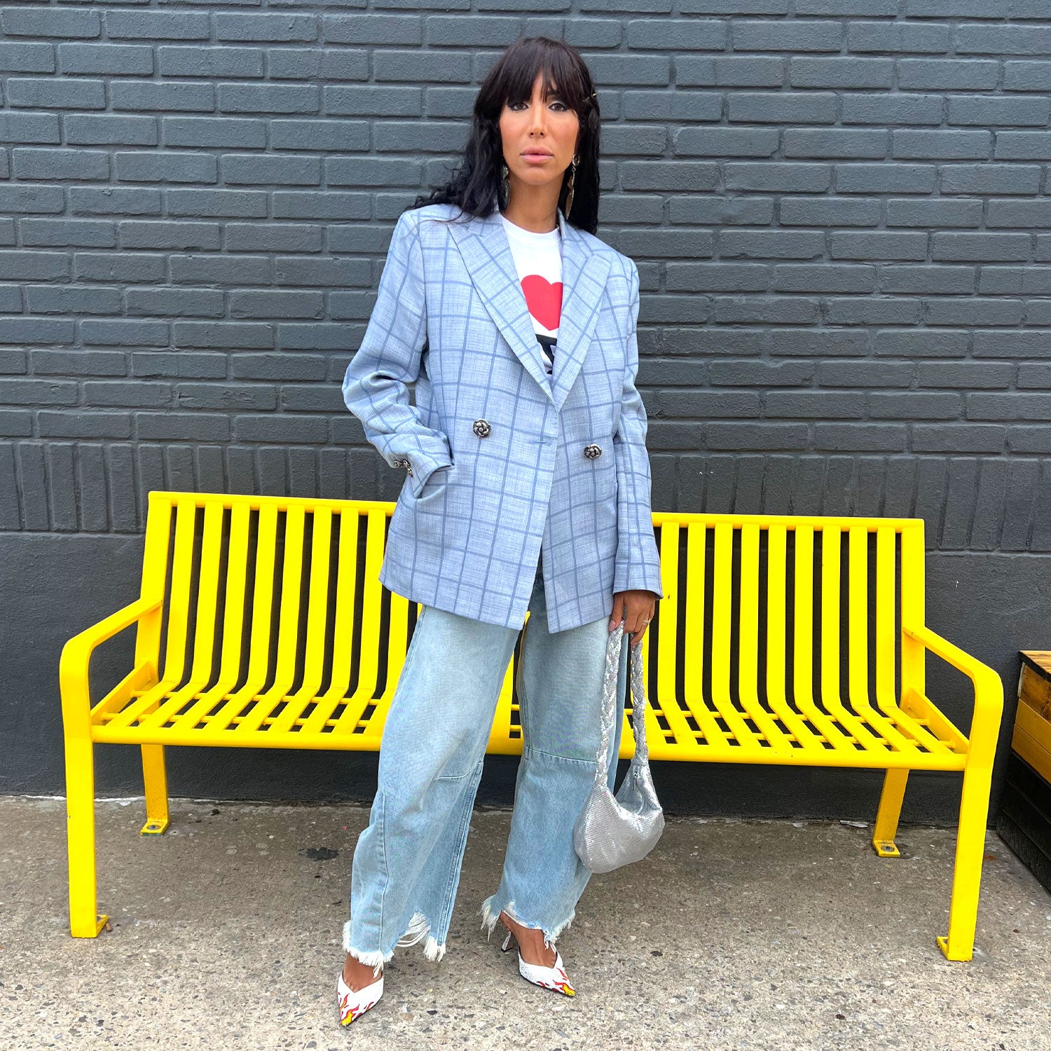 Double-Breasted Blazer in Light Blue Plaid