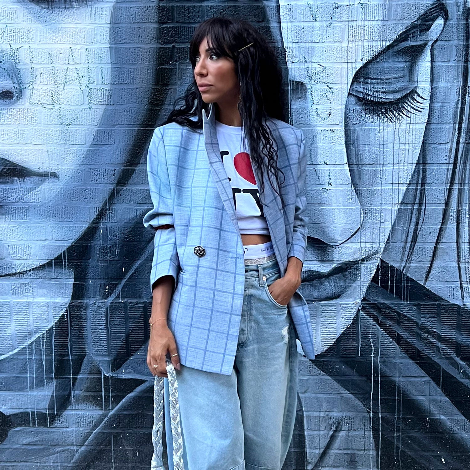 Double-Breasted Blazer in Light Blue Plaid