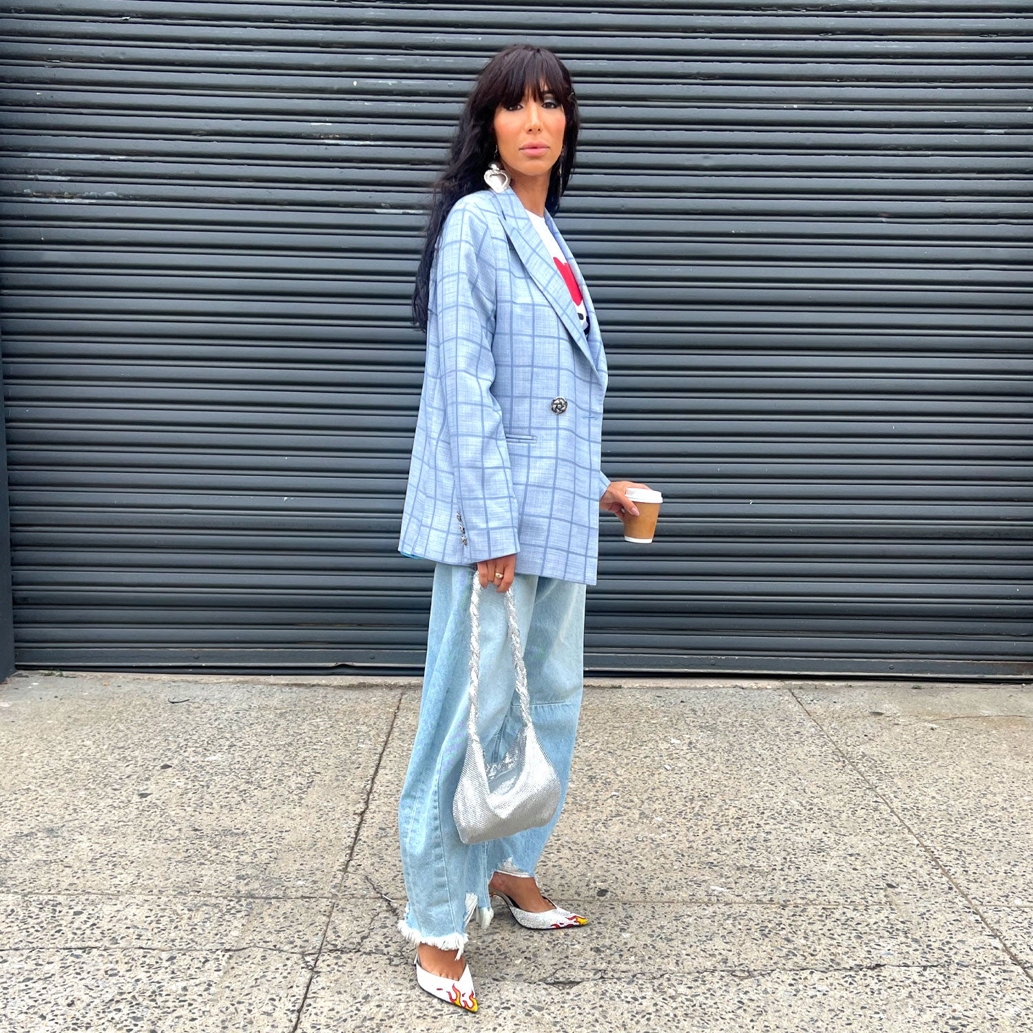 Double-Breasted Blazer in Light Blue Plaid