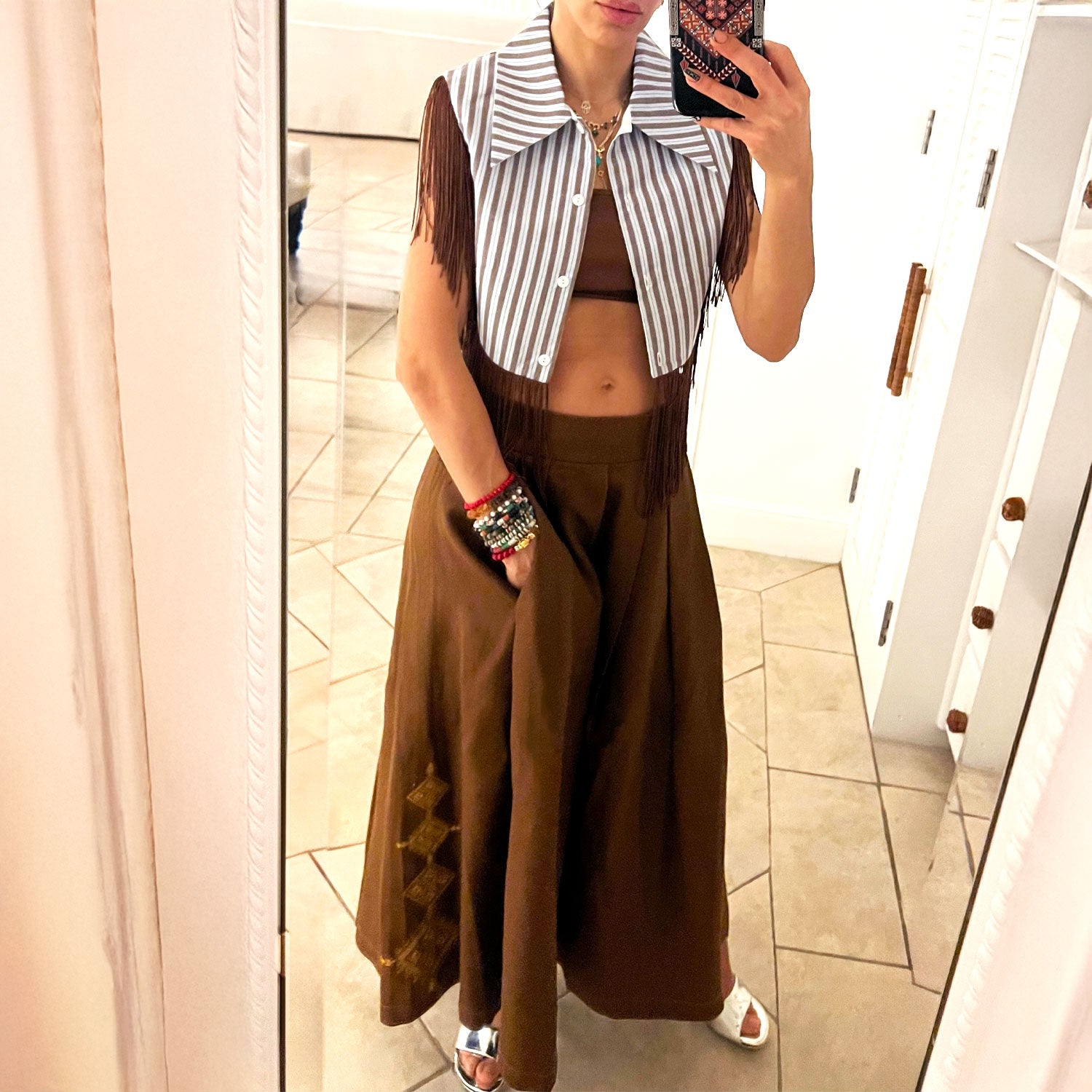 Embellished Emberloom Maxi Skirt in Brown Denim