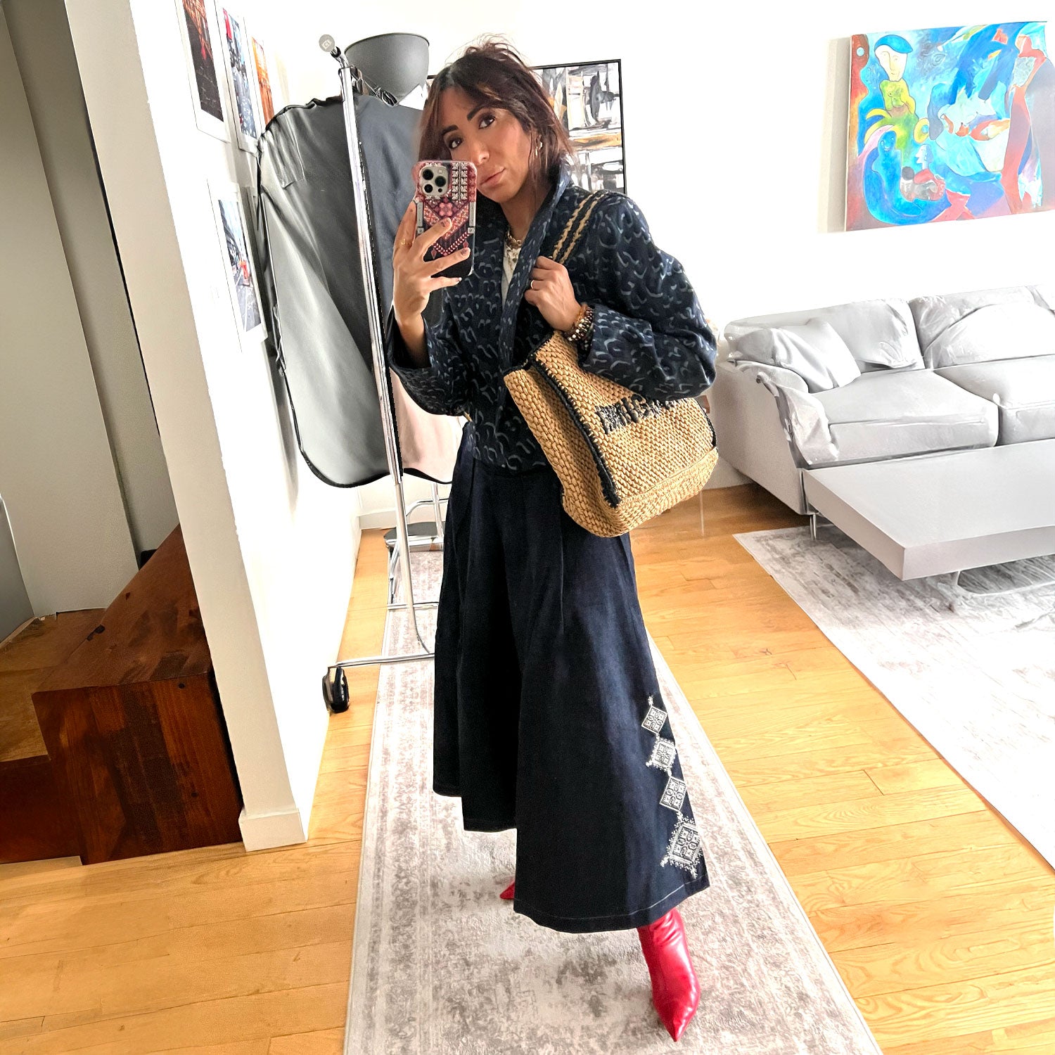 Embellished Emberloom Maxi Skirt in Dark Blue Denim