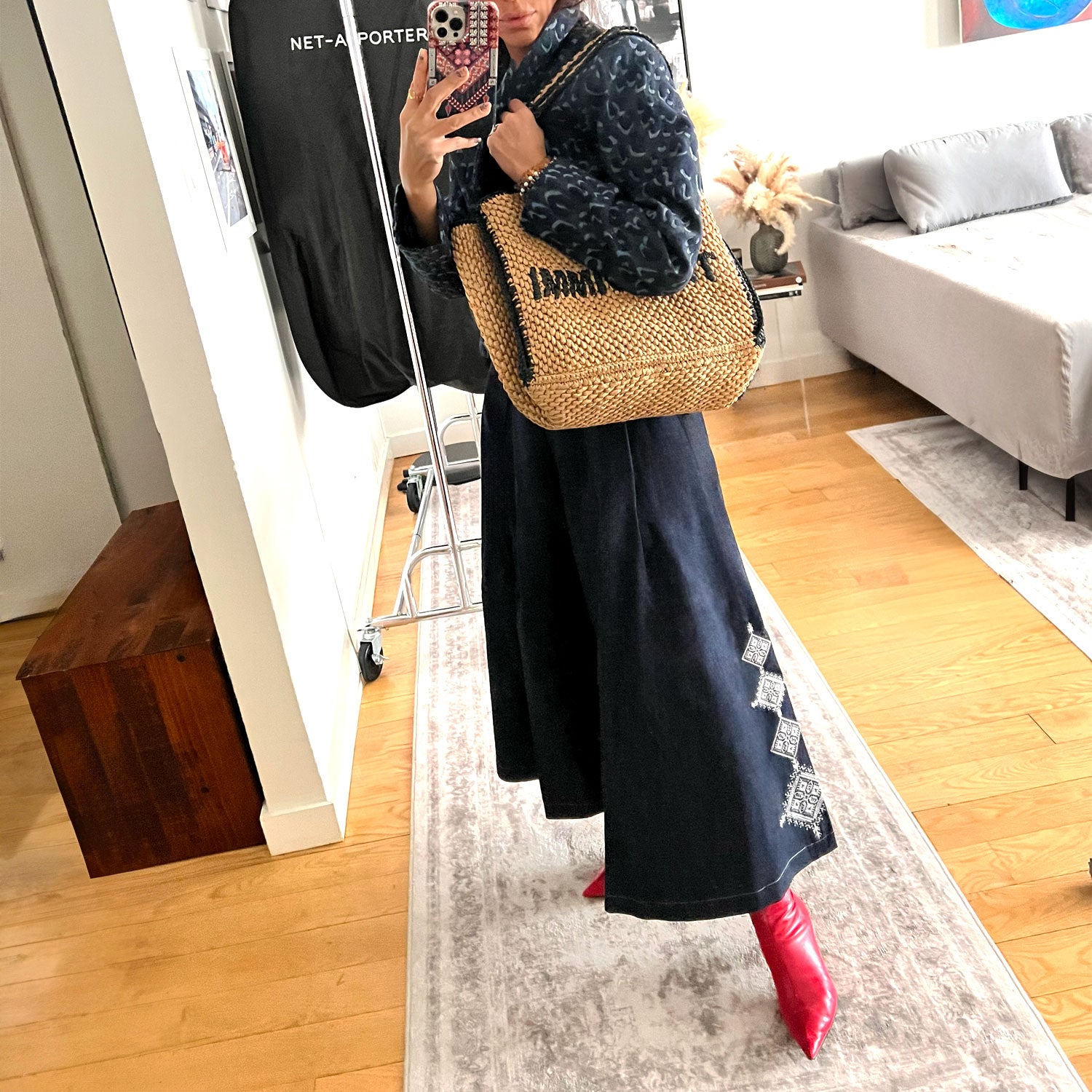 Embellished Emberloom Maxi Skirt in Dark Blue Denim