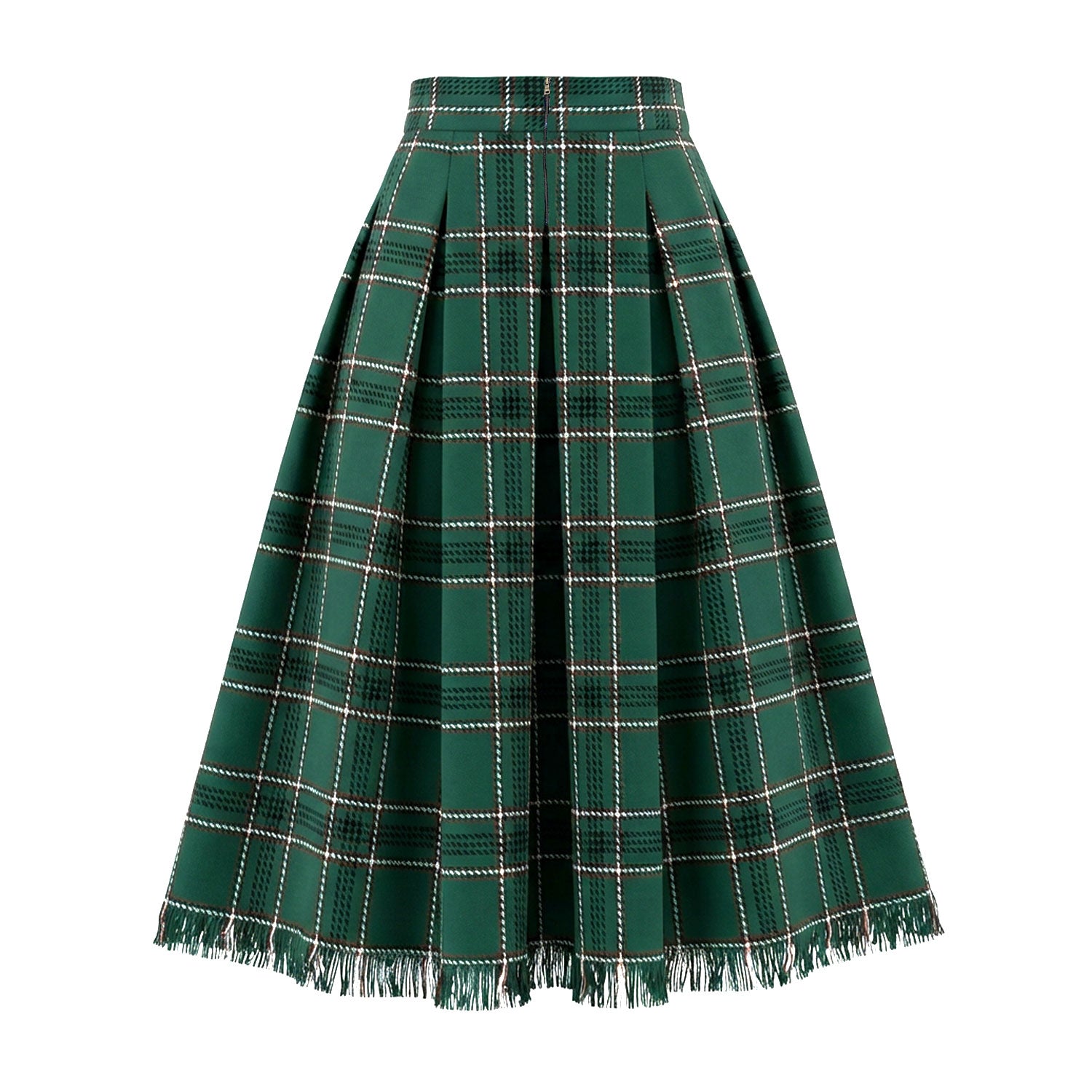 Green & Brown Plaid Embellished Fringed Maxi Skirt