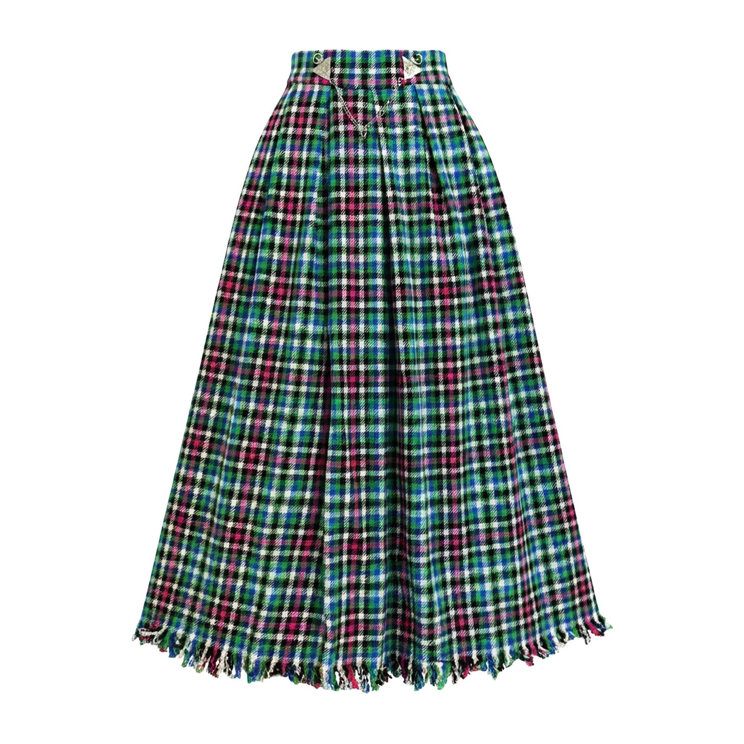 Multicolor Plaid Embellished Fringed Maxi Skirt