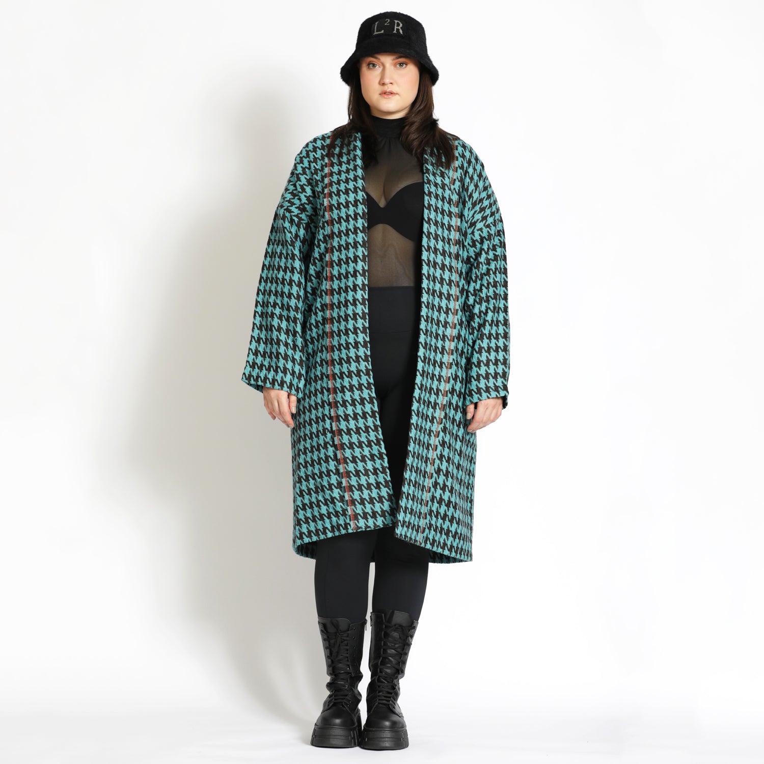 Houndstooth Slouchy Coat in Black and Teal