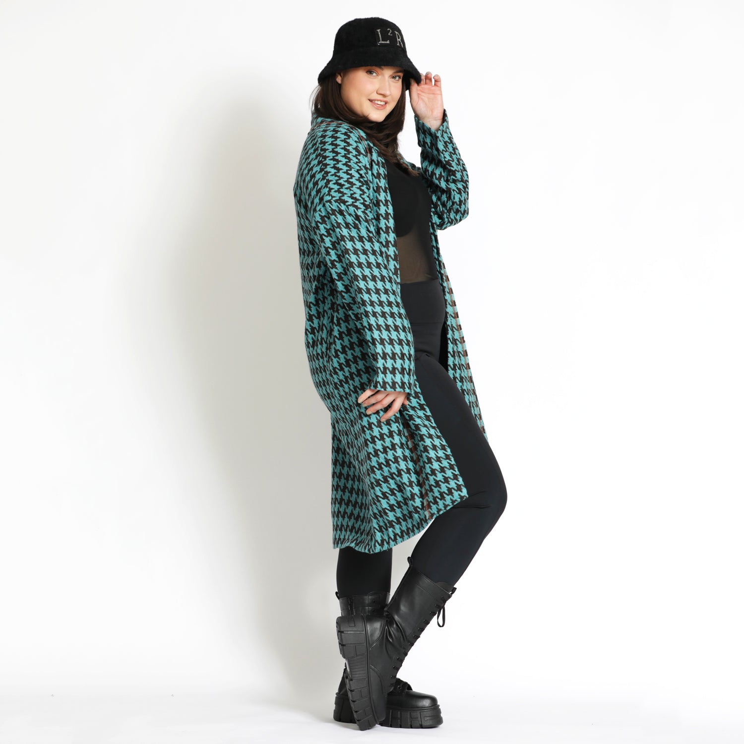 Houndstooth Slouchy Coat in Black and Teal