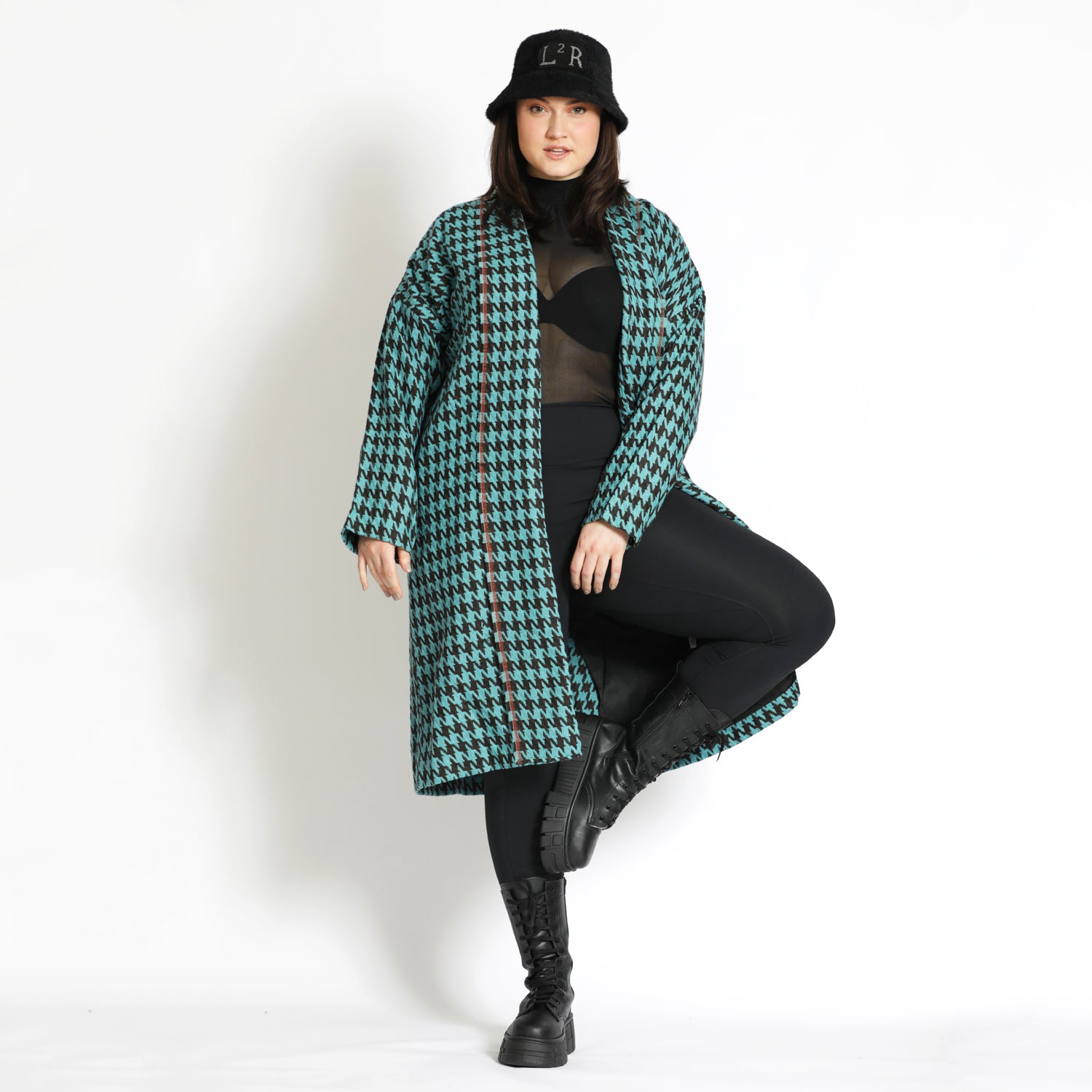 Houndstooth Slouchy Coat in Black and Teal