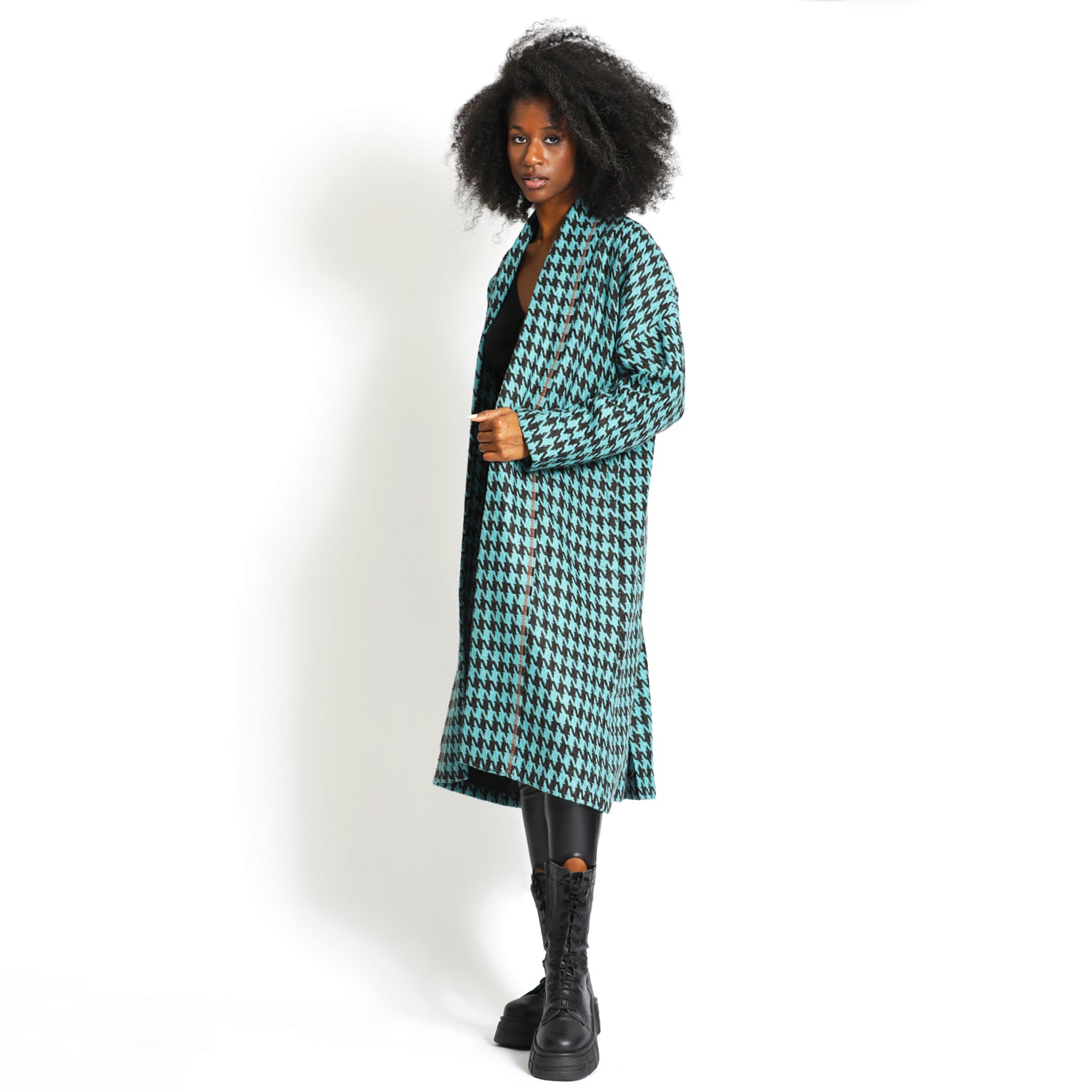 Houndstooth Slouchy Coat in Black and Teal