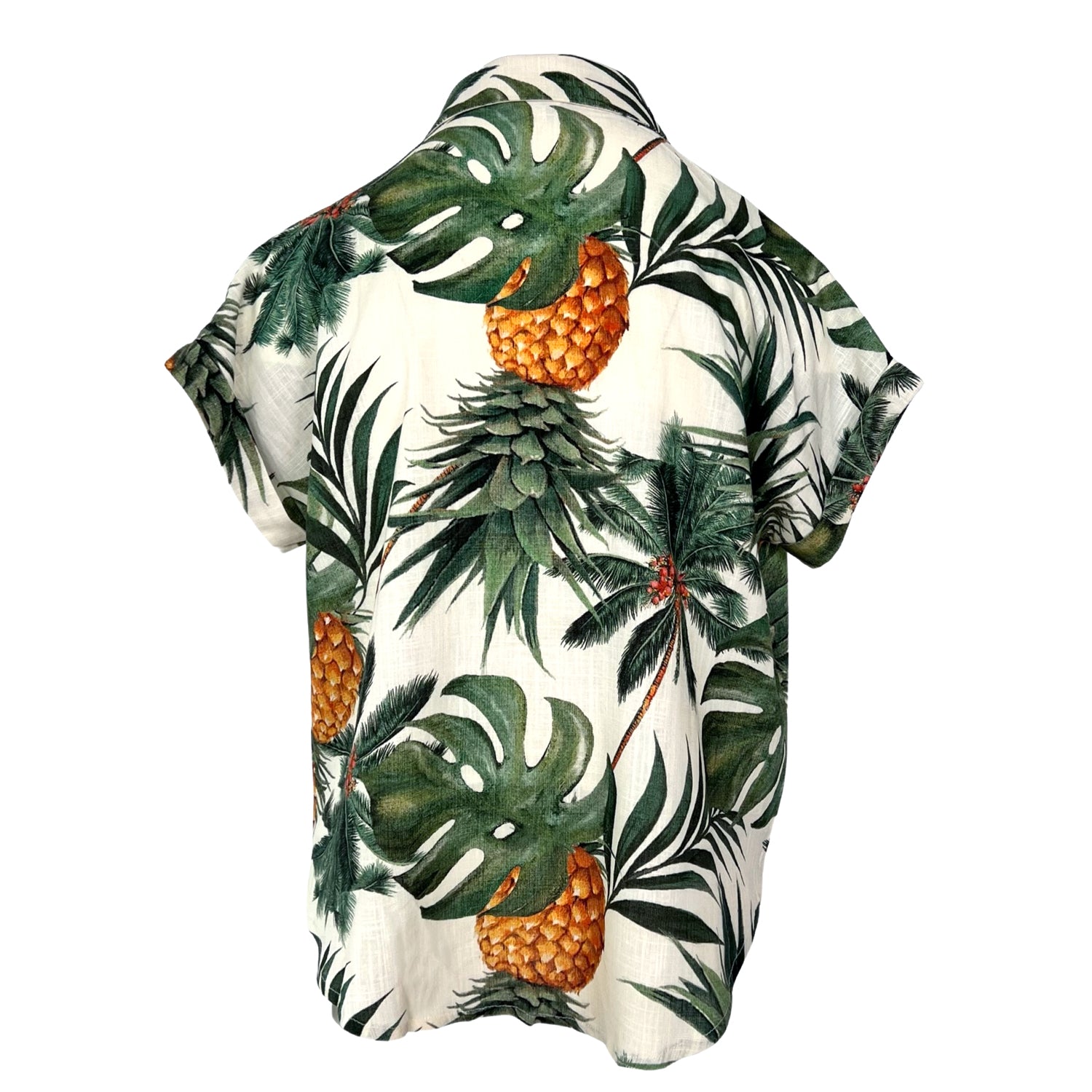 Short-Sleeved Linen Shirt - Leaves & Pineapple Print