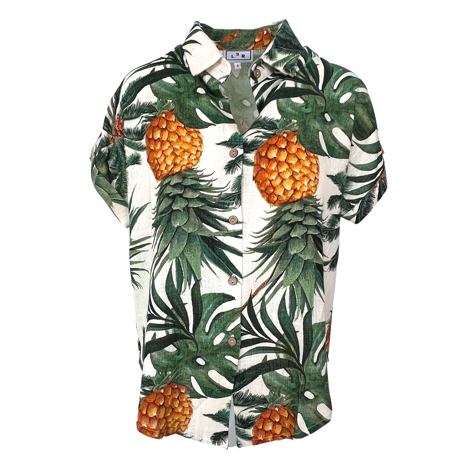 Short-Sleeved Linen Shirt - Leaves & Pineapple Print