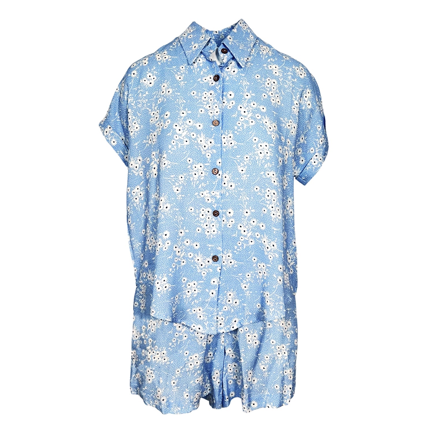 Short-Sleeved Linen Shirt - Floral Light Blue Print