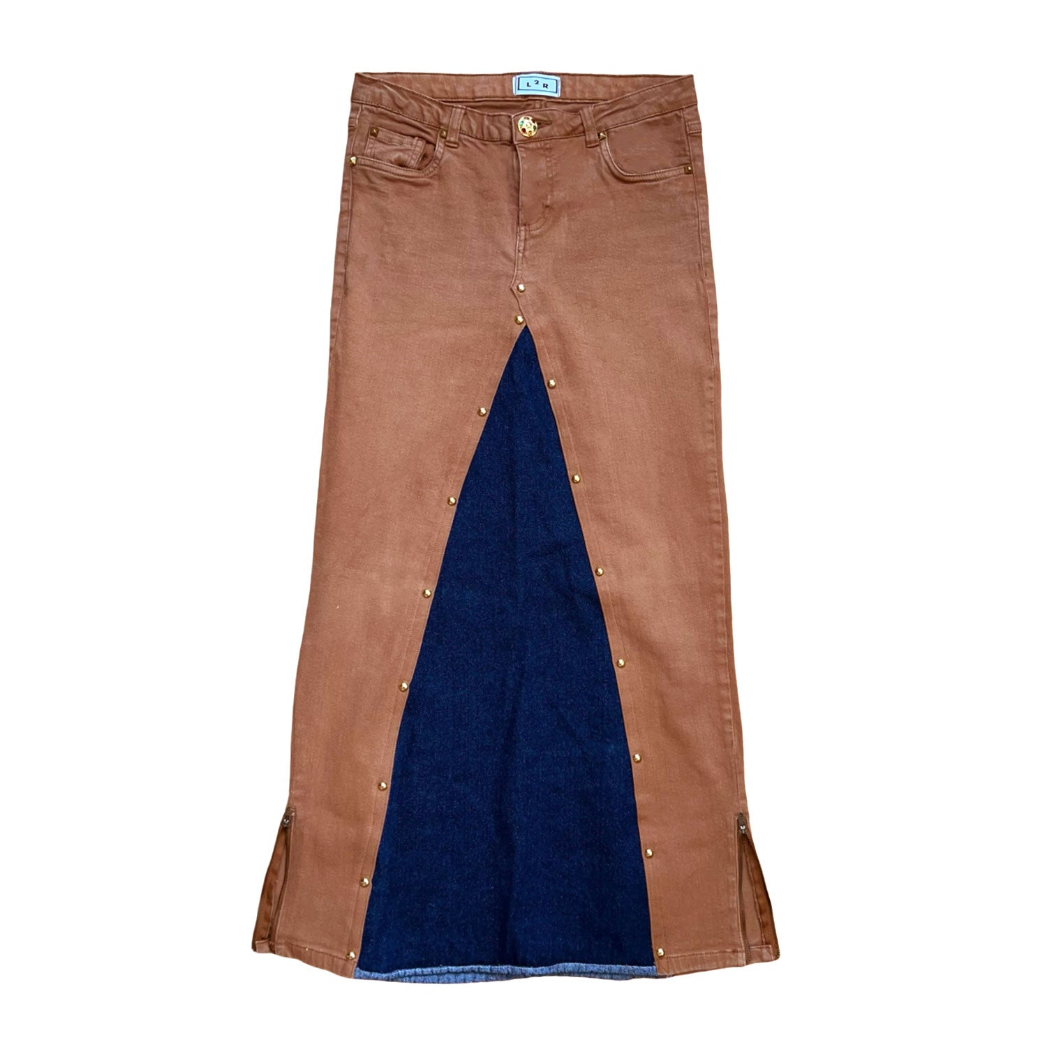 Maxi Denim Skirt in Brown and Blue