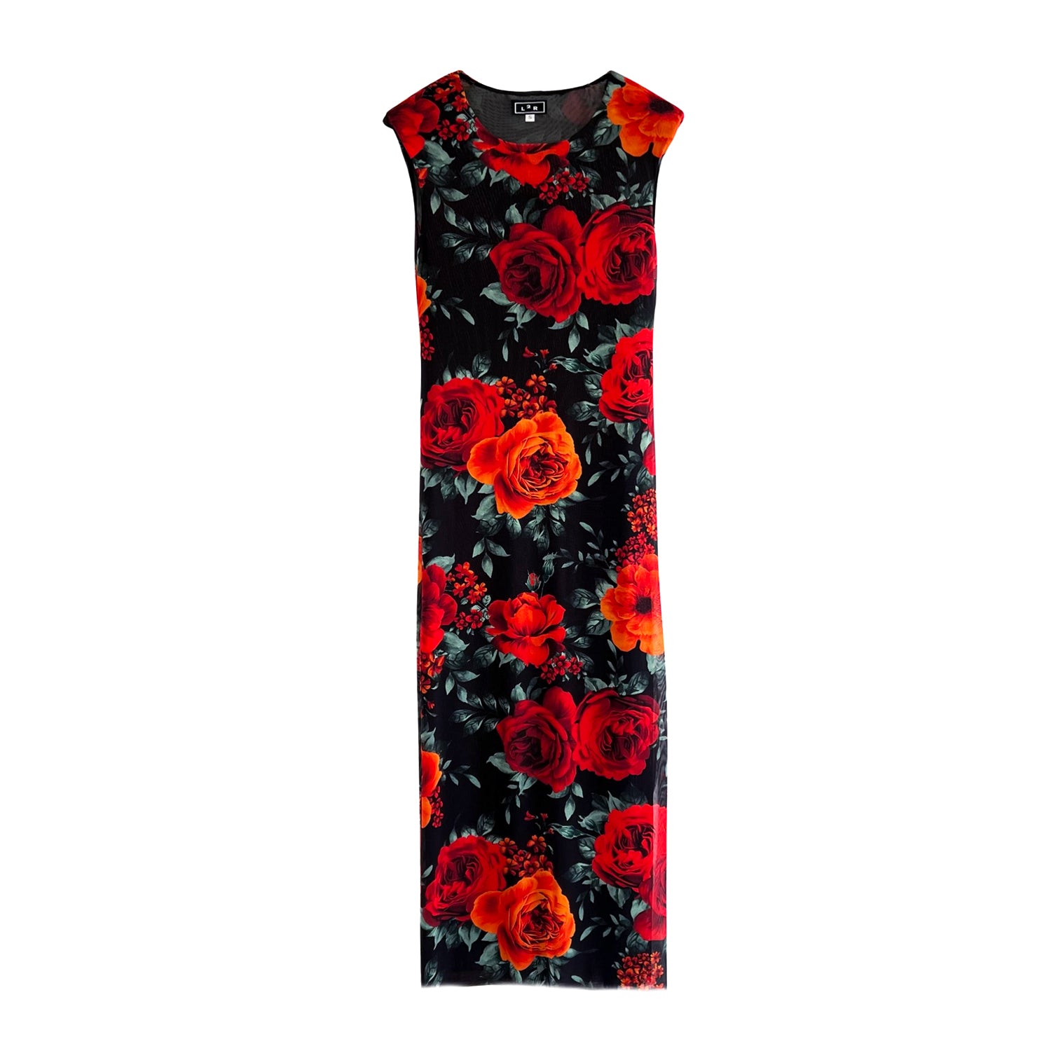 Shoulder Pad Printed Mesh Dress in Floral Red & Black S