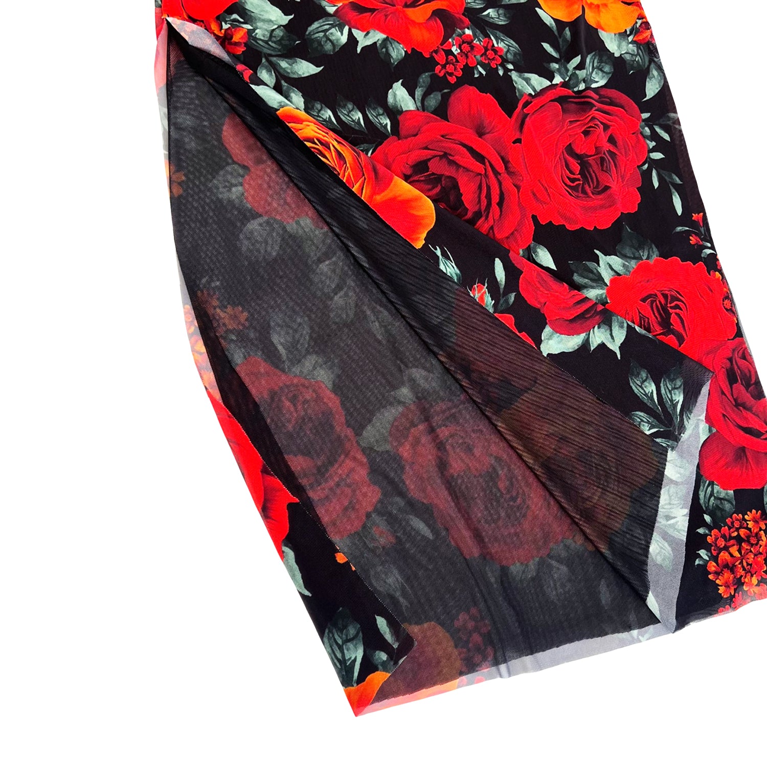 Shoulder Pad Printed Mesh Dress in Floral Red & Black S Shoulder Pad Printed Mesh Dress in Floral Red & Black S