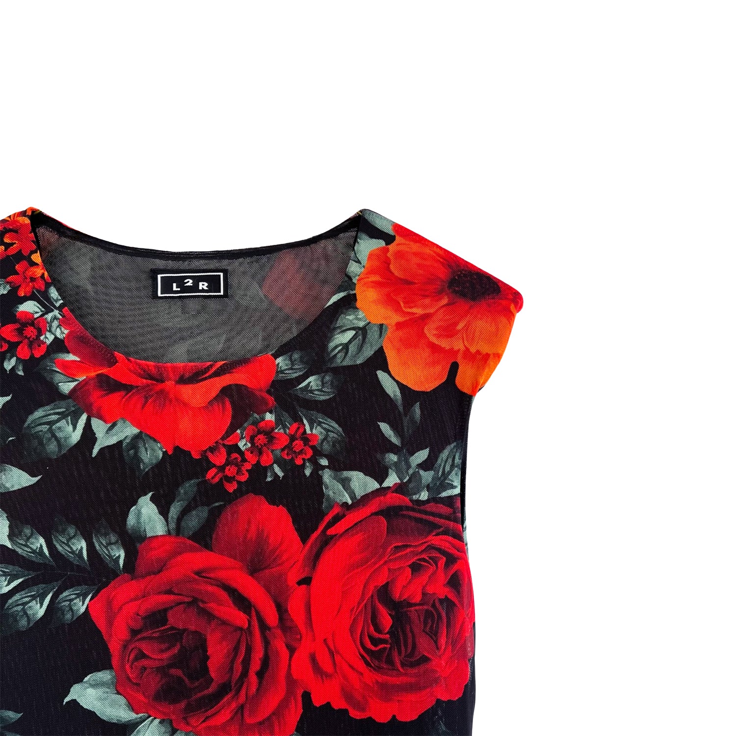 Shoulder Pad Printed Mesh Dress in Floral Red & Black S Shoulder Pad Printed Mesh Dress in Floral Red & Black S