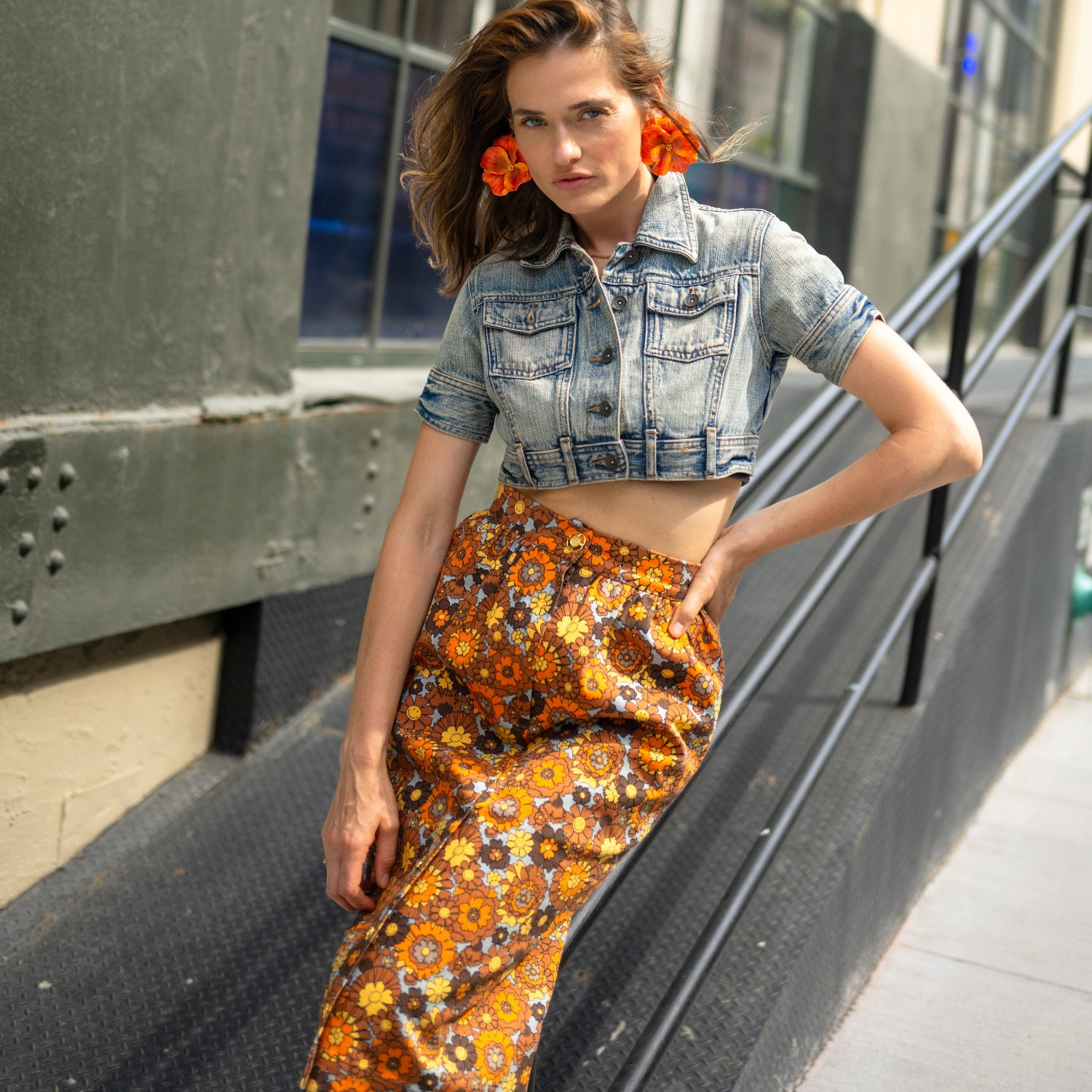 Gathered Midi Skirt in Becky Print in Orange & Brown