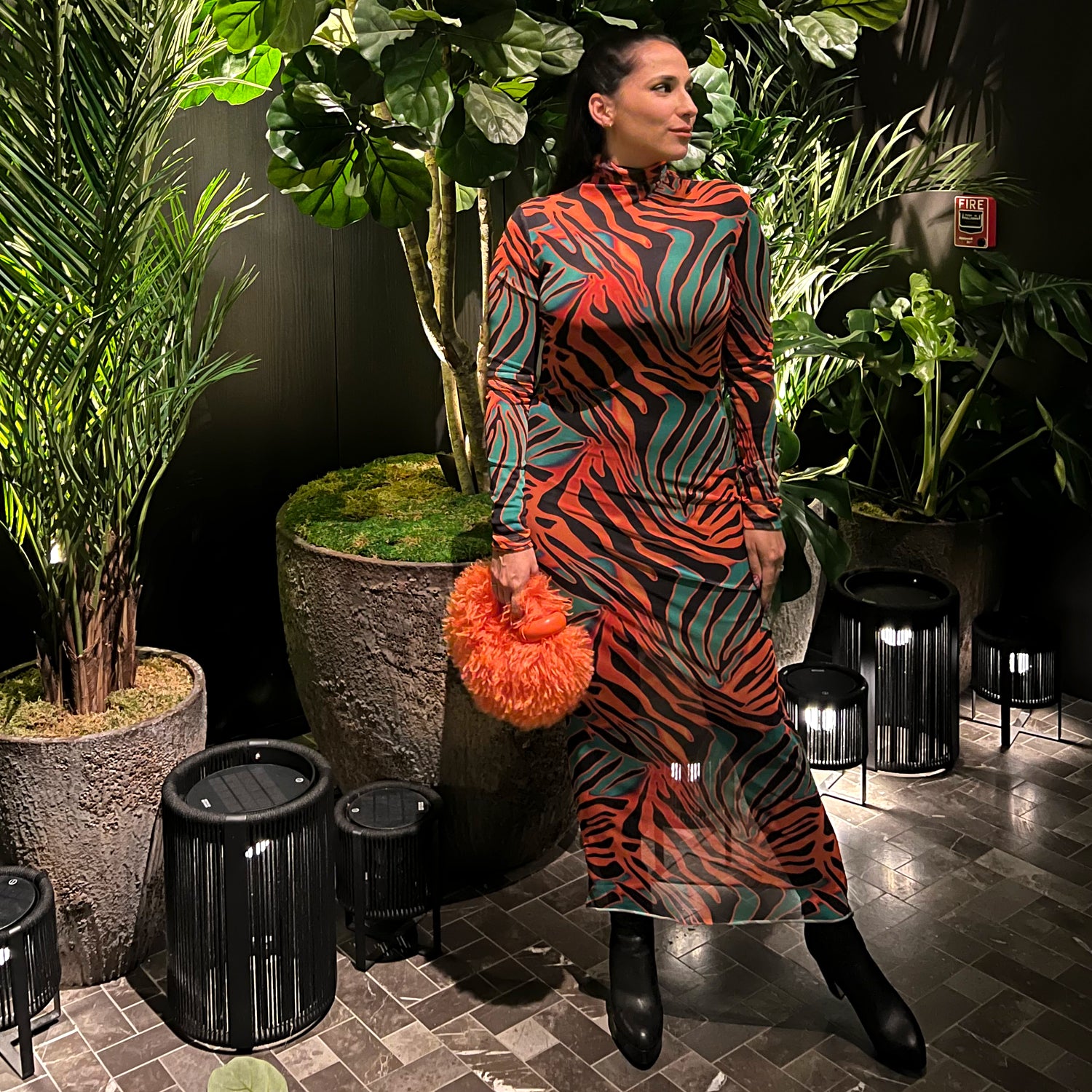 Printed Mesh Dress in Orange, Green & Black M/L Printed Mesh Dress in Orange, Green & Black M/L