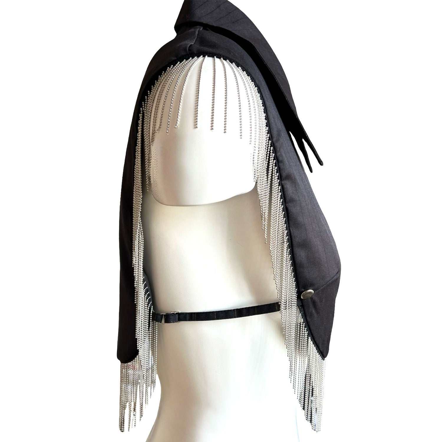 Reversible Metallic Fringe Vest in Pinstriped Black