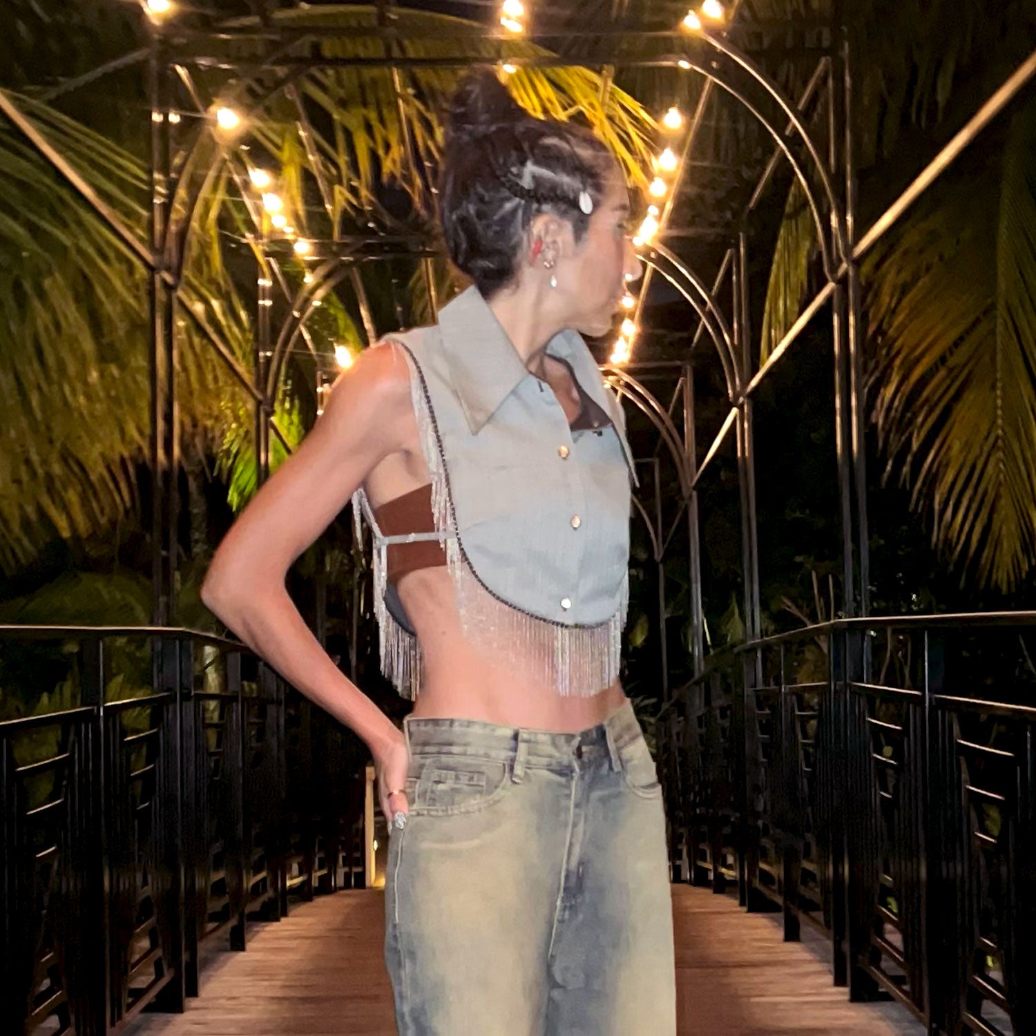 Reversible Metallic Fringe Vest in Pinstriped Black