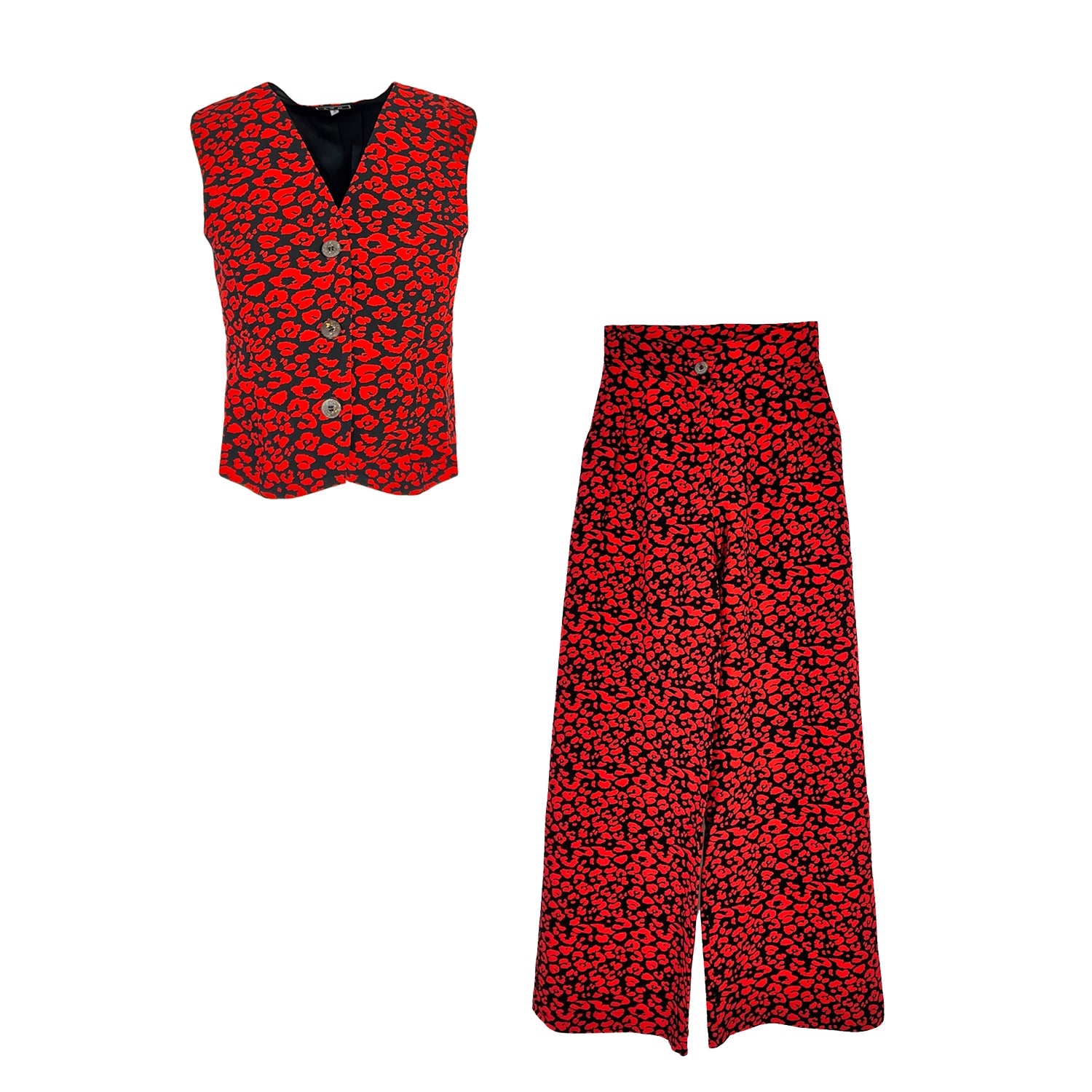 Wide-leg Pants - Black & Red Animal Print
