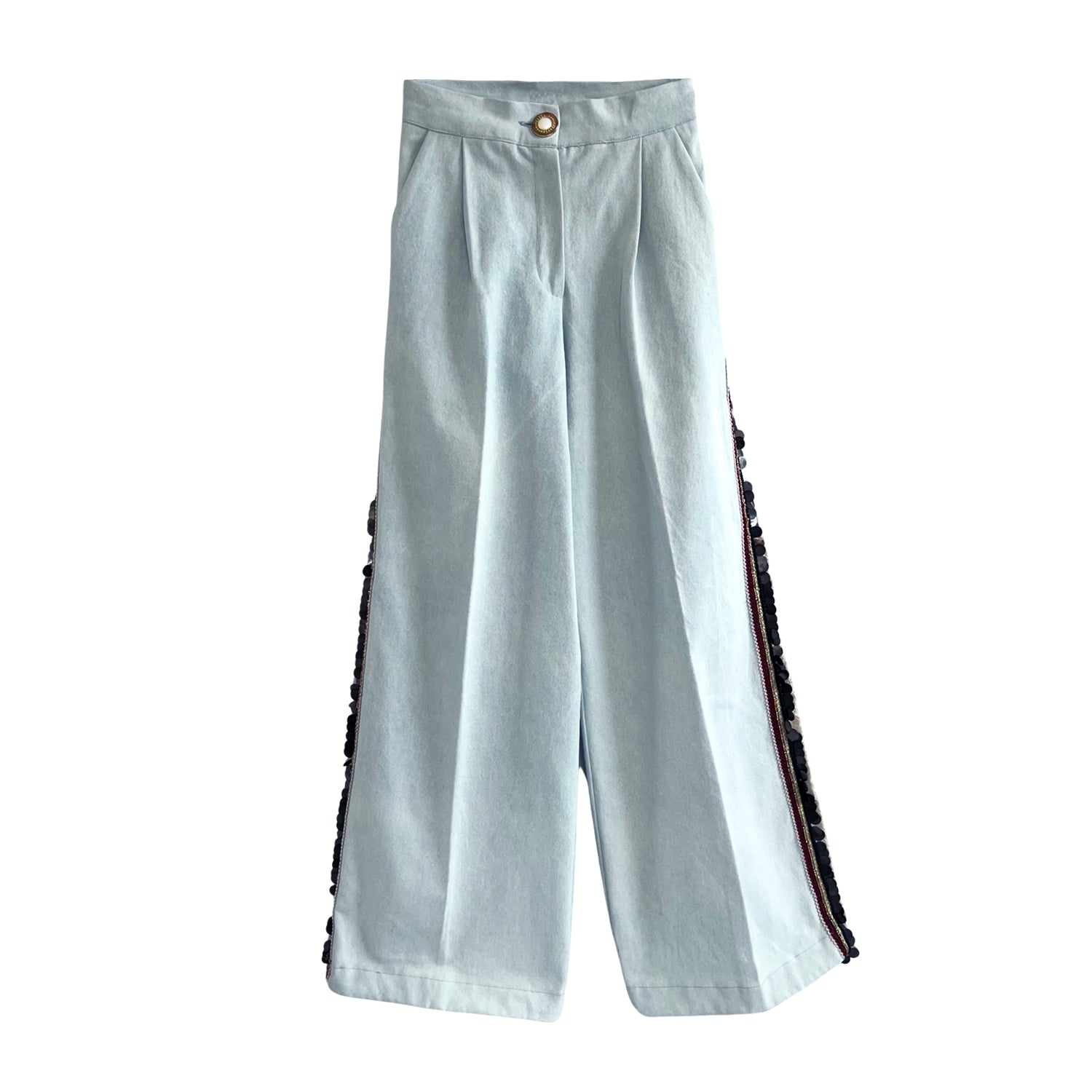 Embellished Wide-Leg Pants in Washed Blue Denim