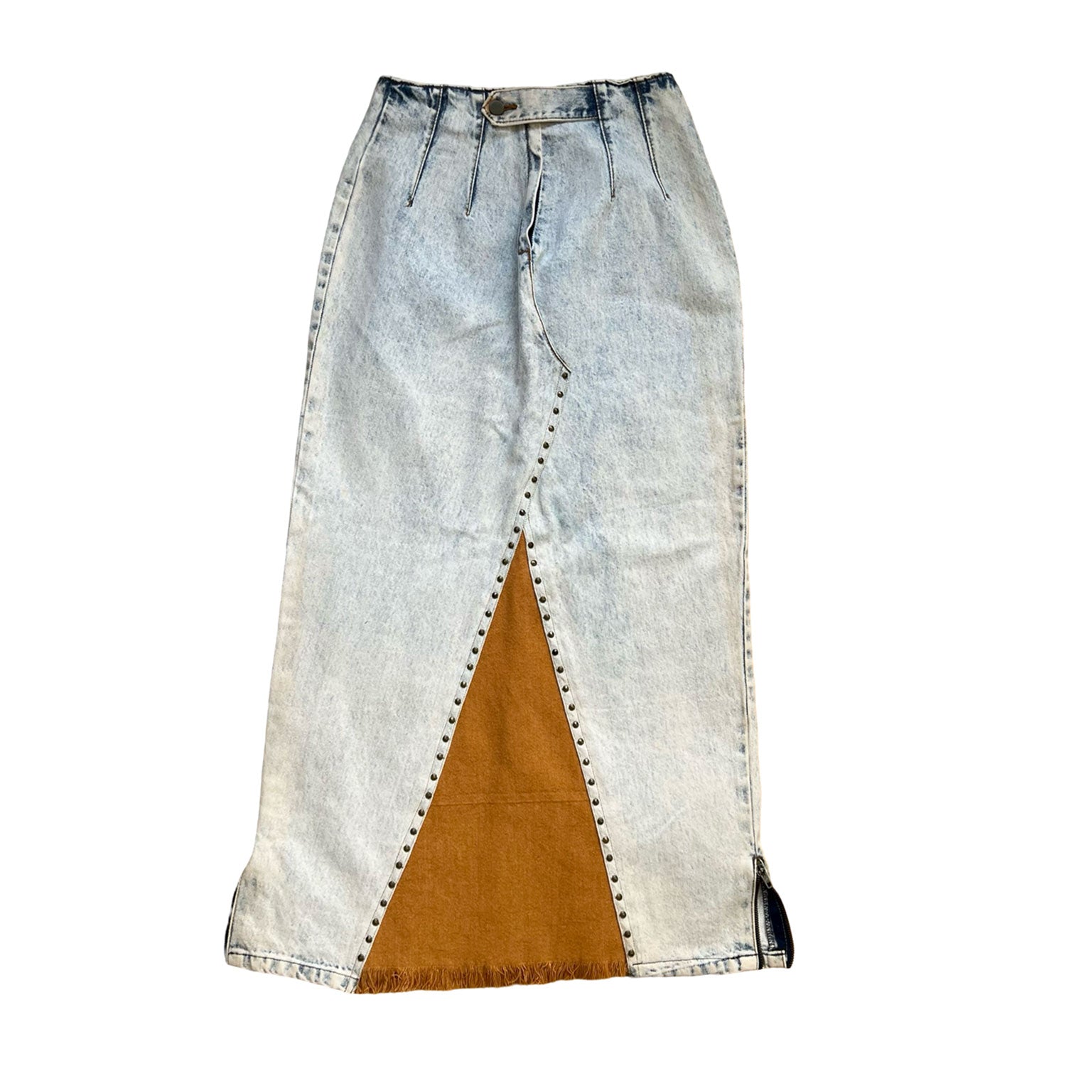 Denim Skirt In Acid-Washed Blue With Brown Panel