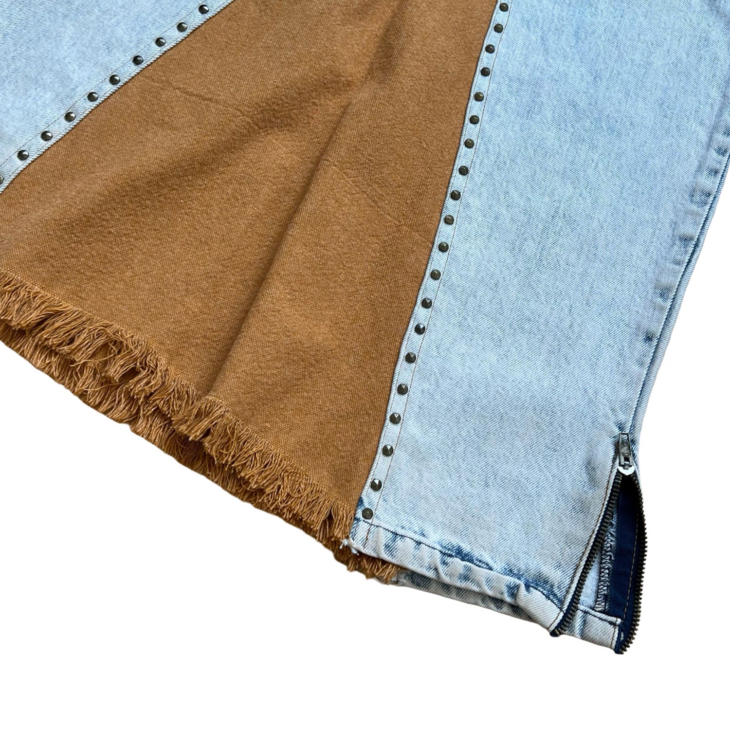 Denim Skirt In Acid-Washed Blue With Brown Panel