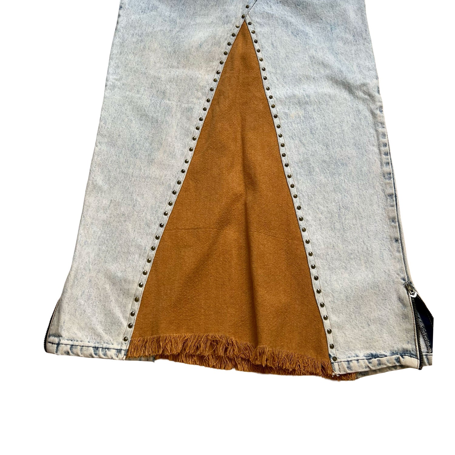 Denim Skirt In Acid-Washed Blue With Brown Panel