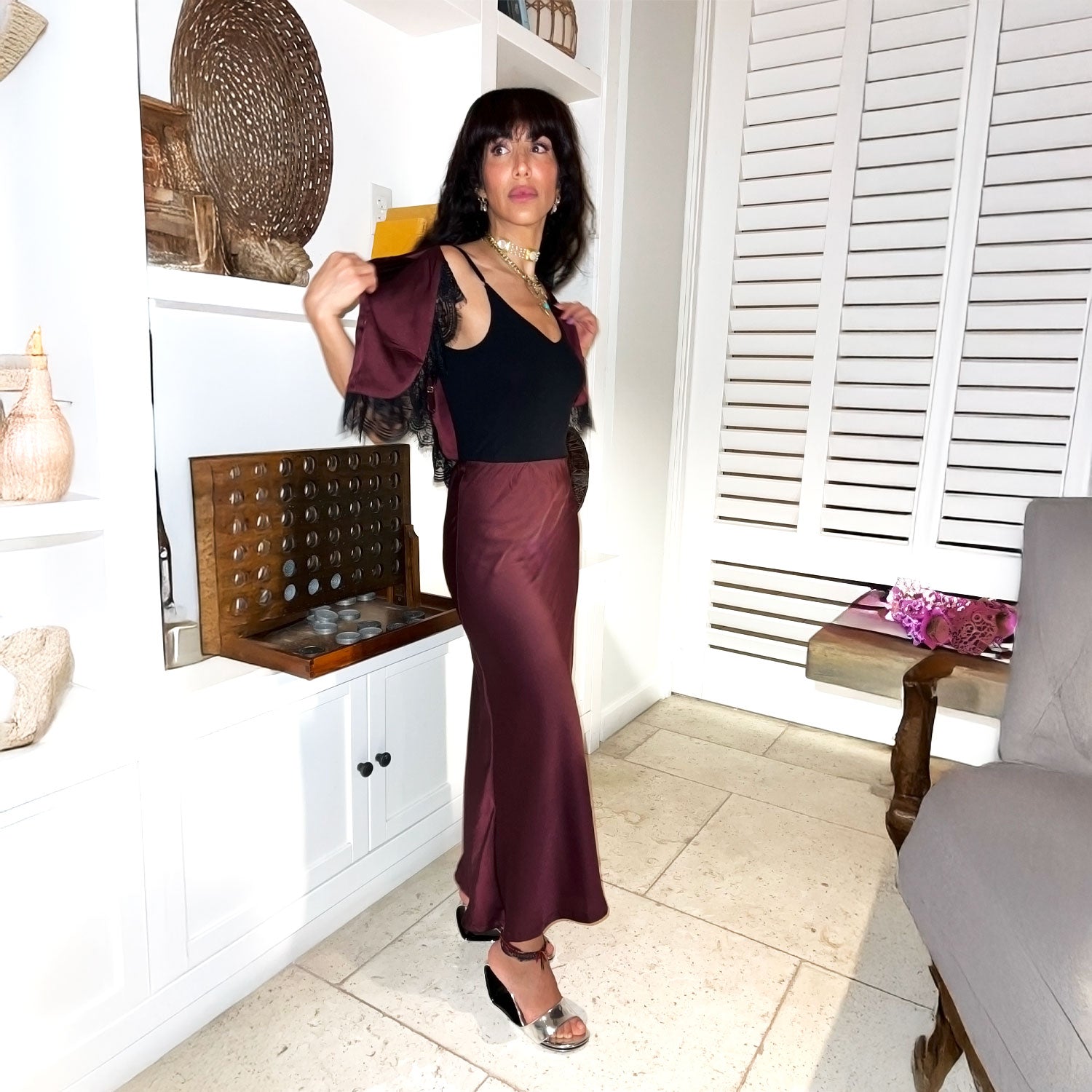 Amal Draped Satin Skirt in Burgundy