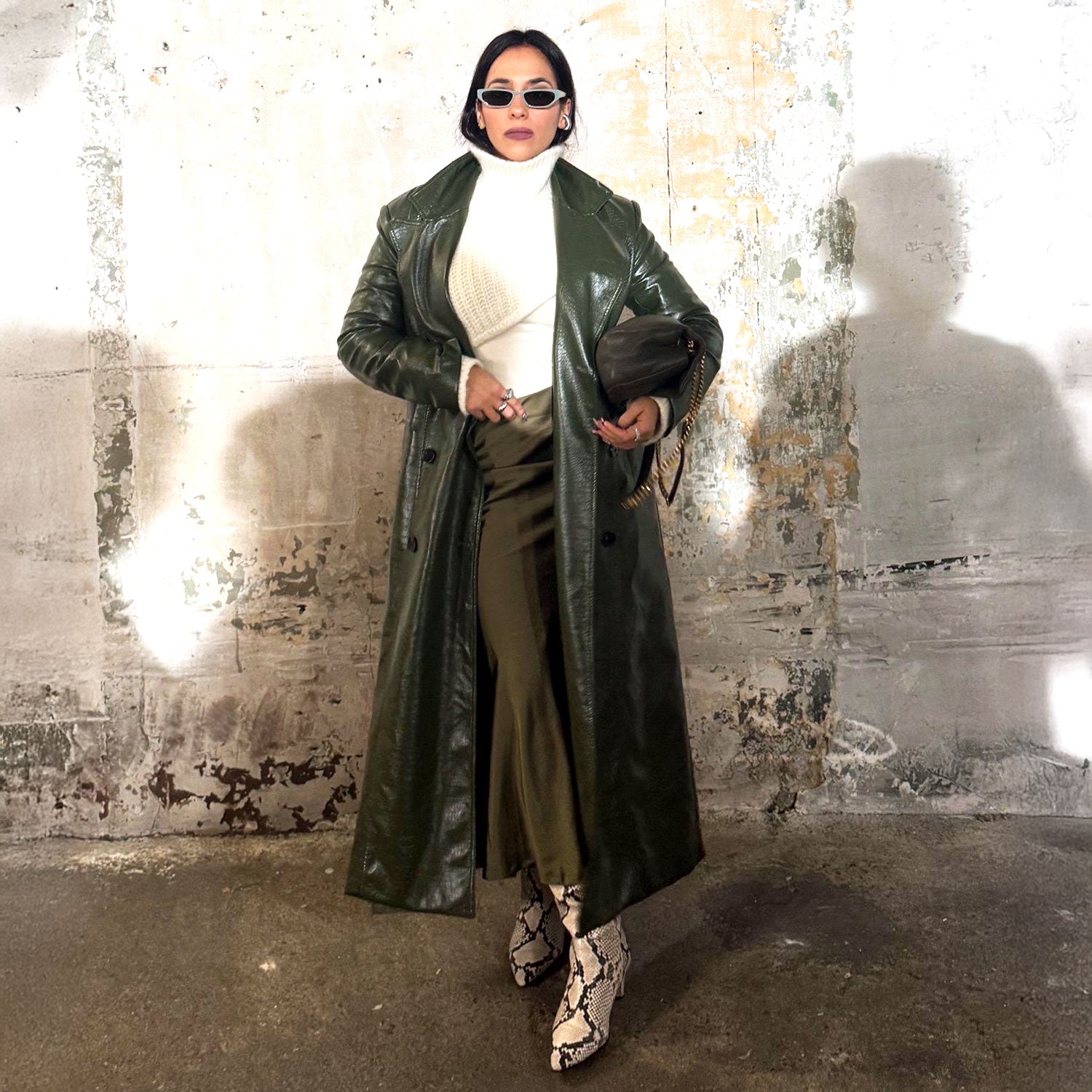 Amal Draped Satin Skirt in Olive Green