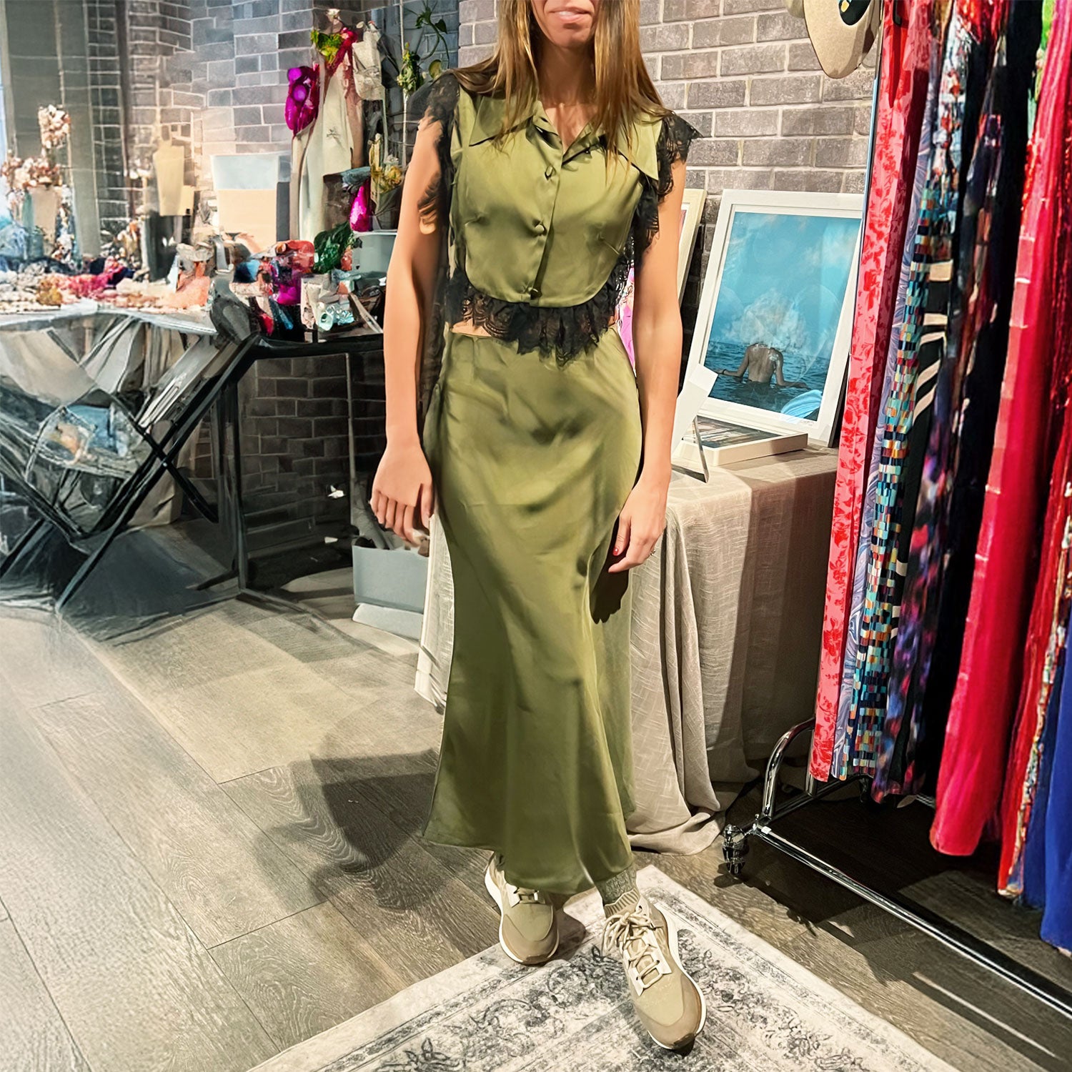 Amal Draped Satin Top in Olive Green